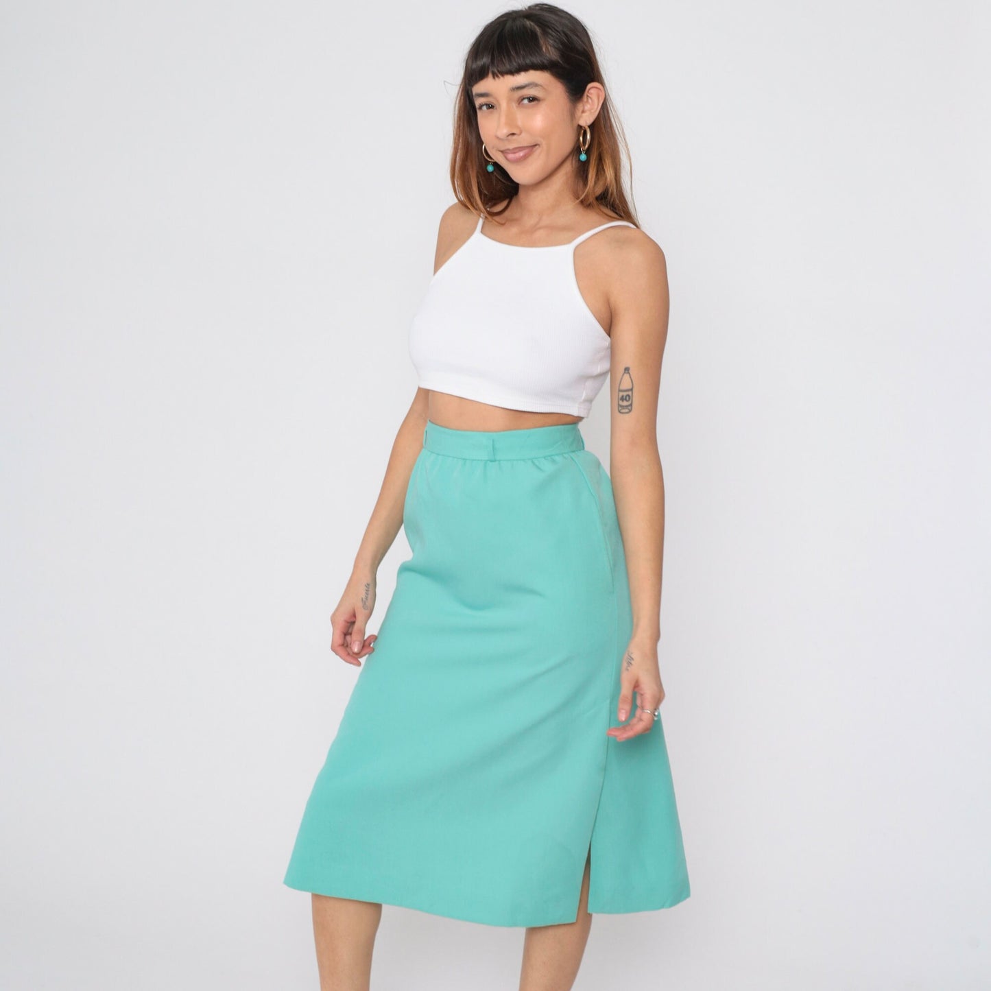 80s Seafoam Midi Pencil Skirt High Waist Side Slit Small