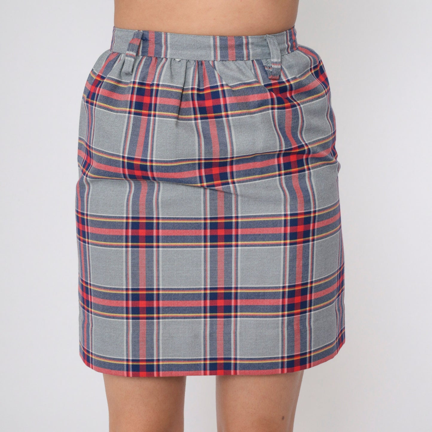 70s Grey Plaid Mini Skirt High Waist Straight Tartan Small
