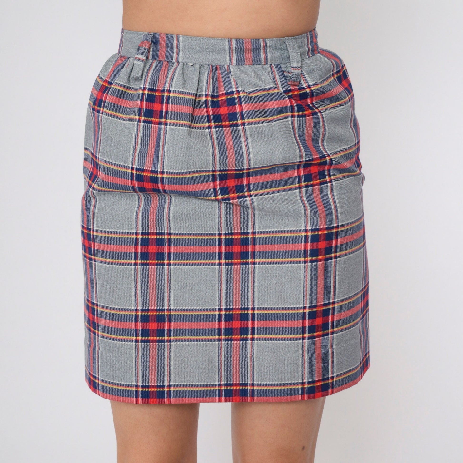 70s Grey Plaid Mini Skirt High Waist Straight Tartan Small