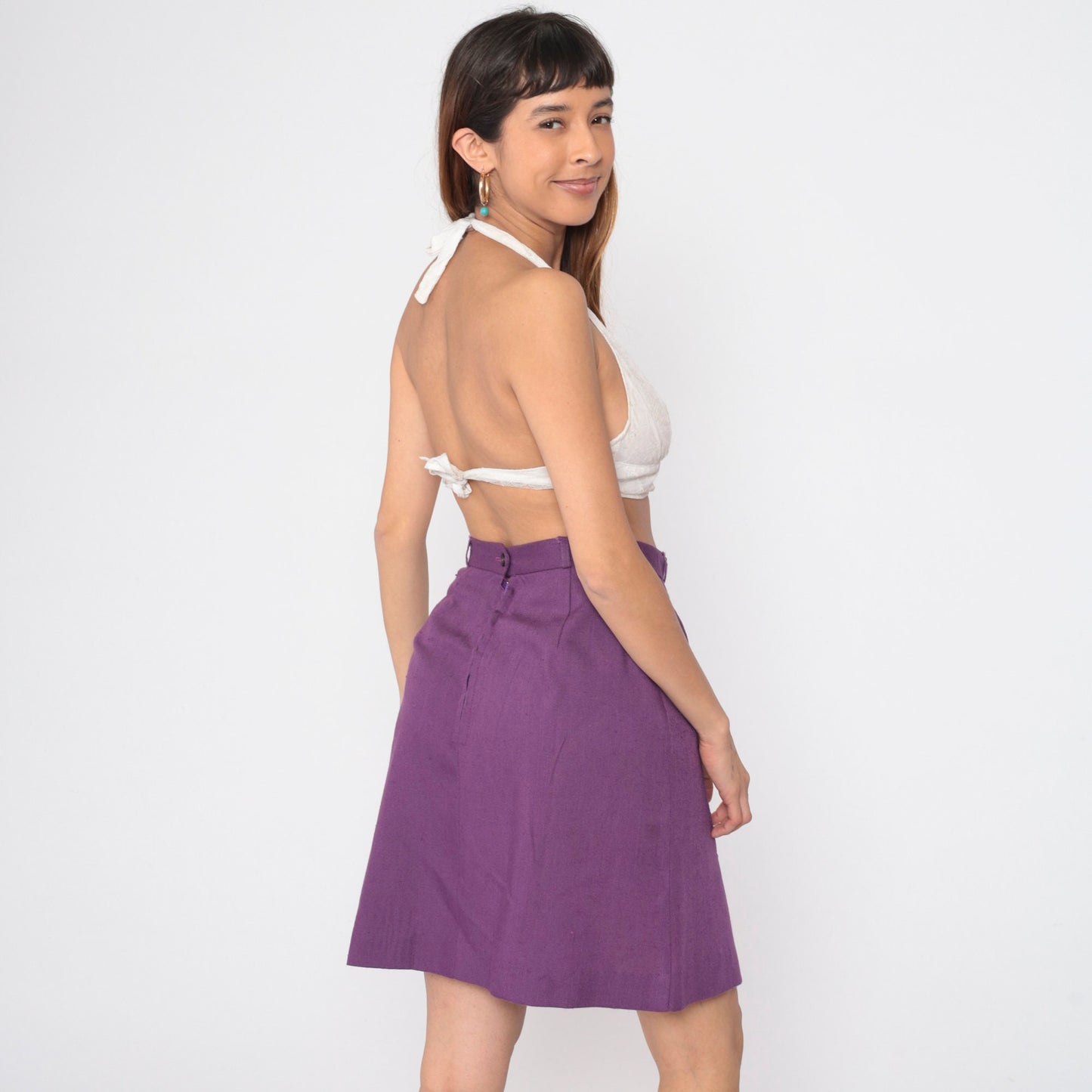 80s Purple Pencil Skirt High Waist Pleated Button Front Mini Medium