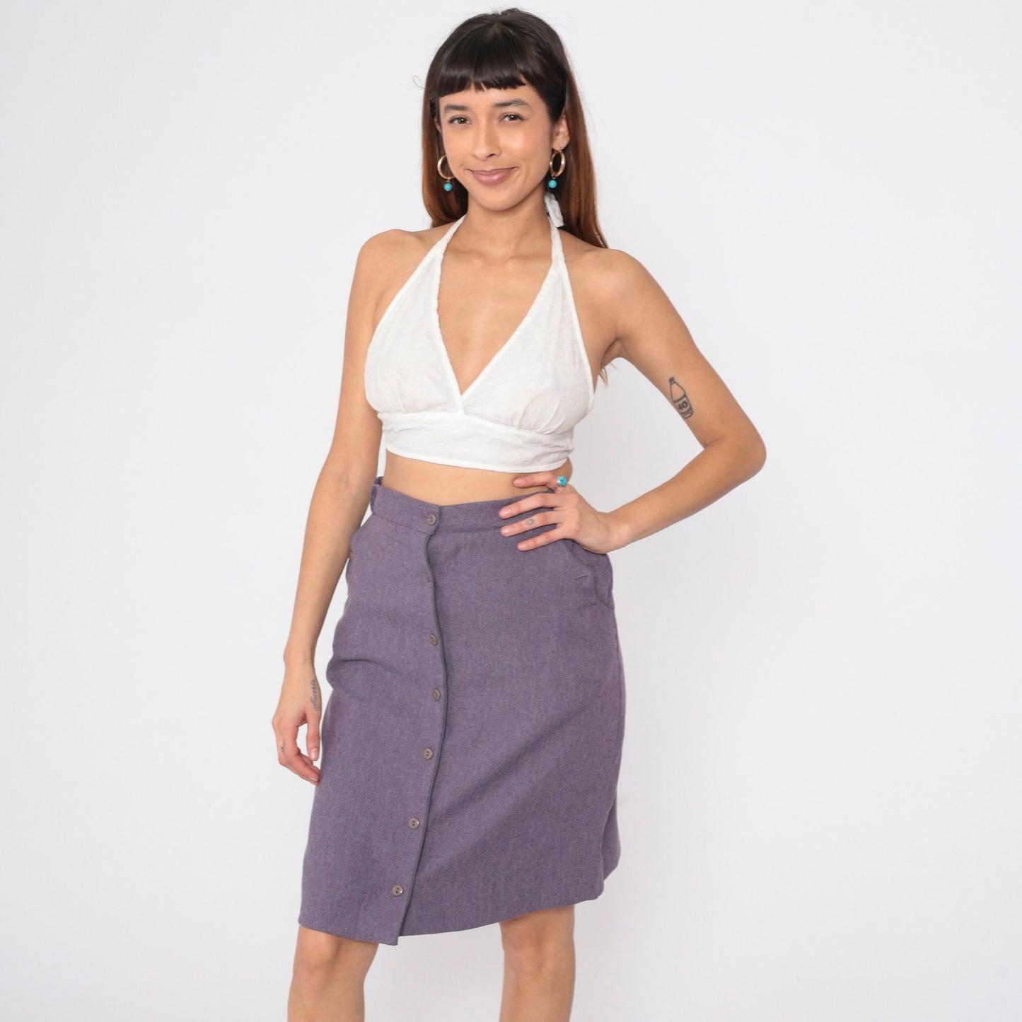 80s Purple Button-Front Pencil Skirt High Waist Knee Length Medium