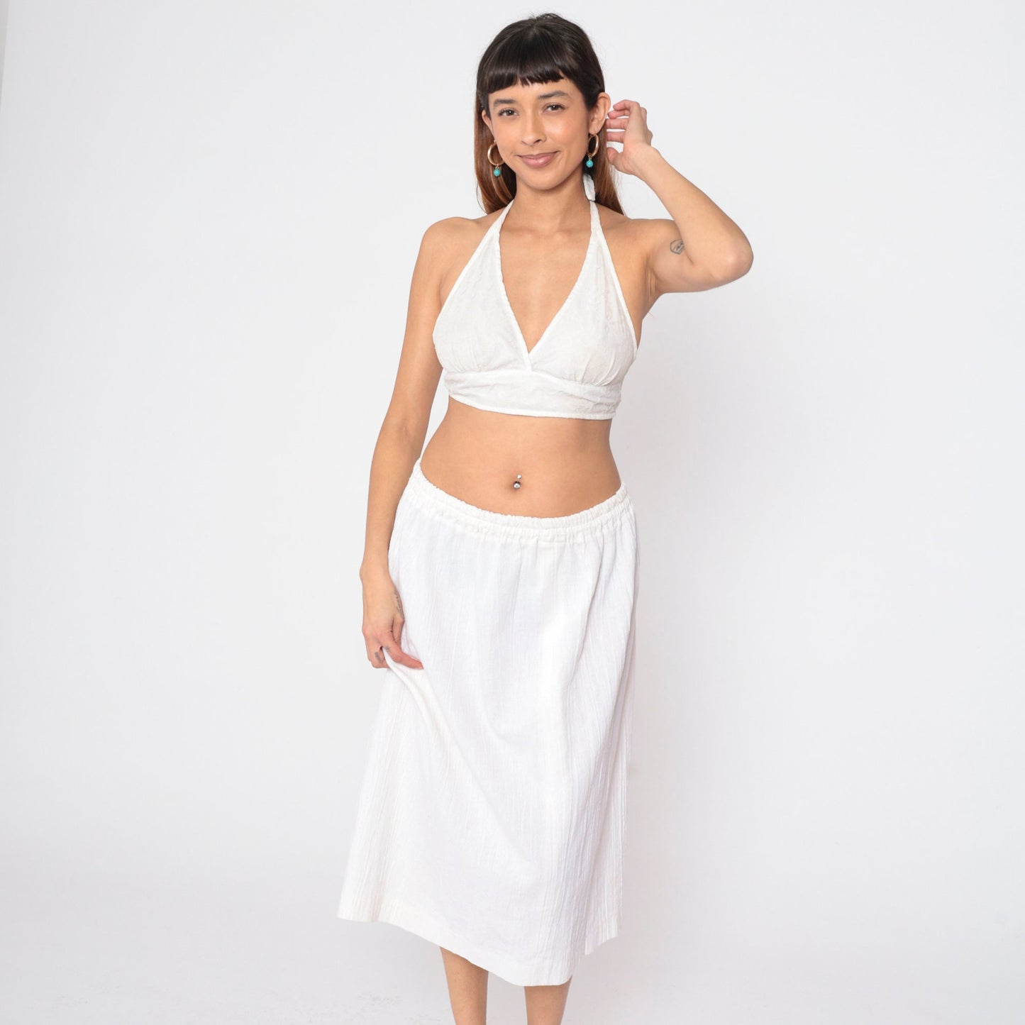 90s White Gauze Midi Skirt High Elastic Waist Crinkled Medium Large