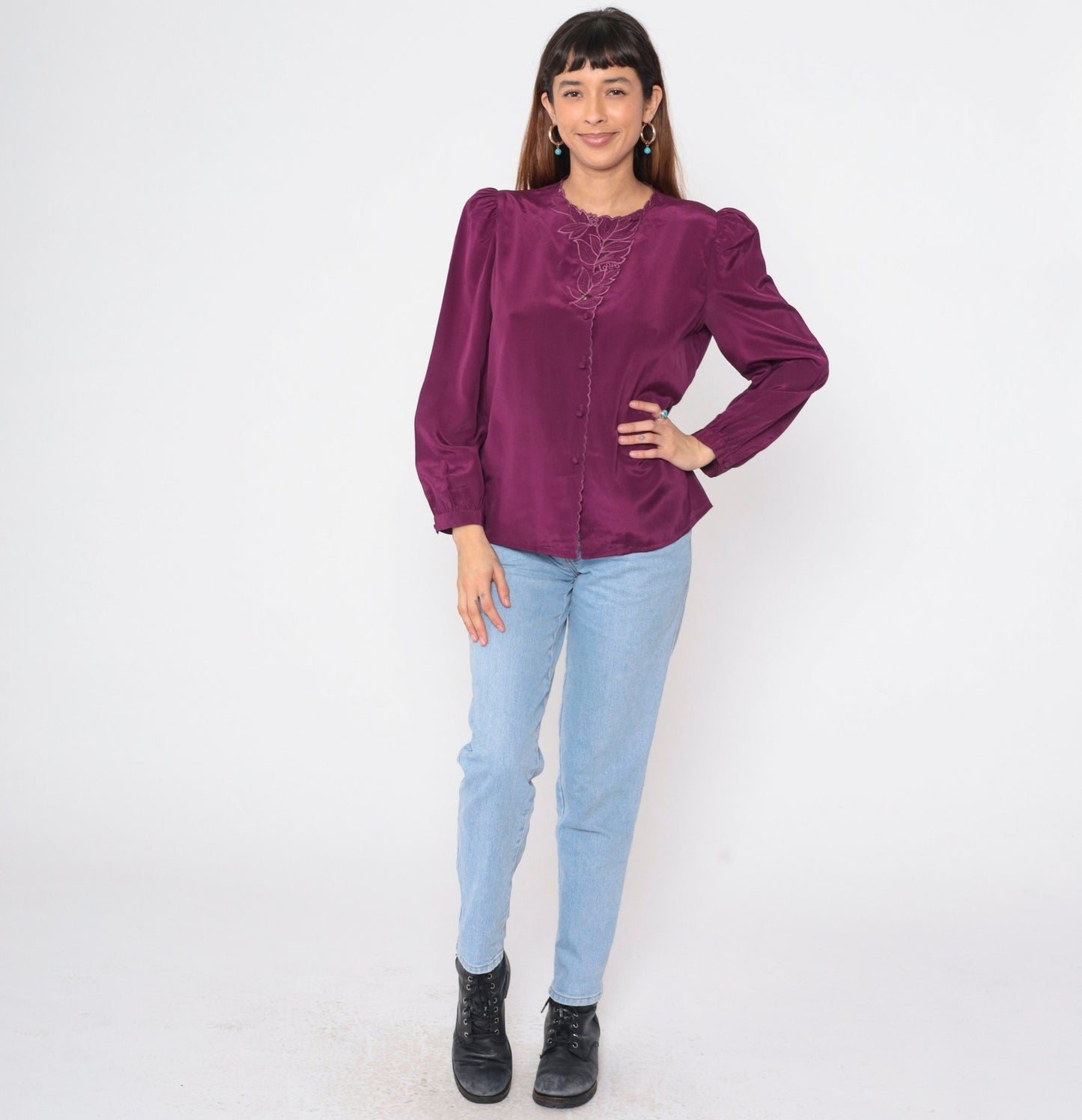 80s Purple Satin Blouse Puff Sleeve Embroidered Cutwork Button-Up Large