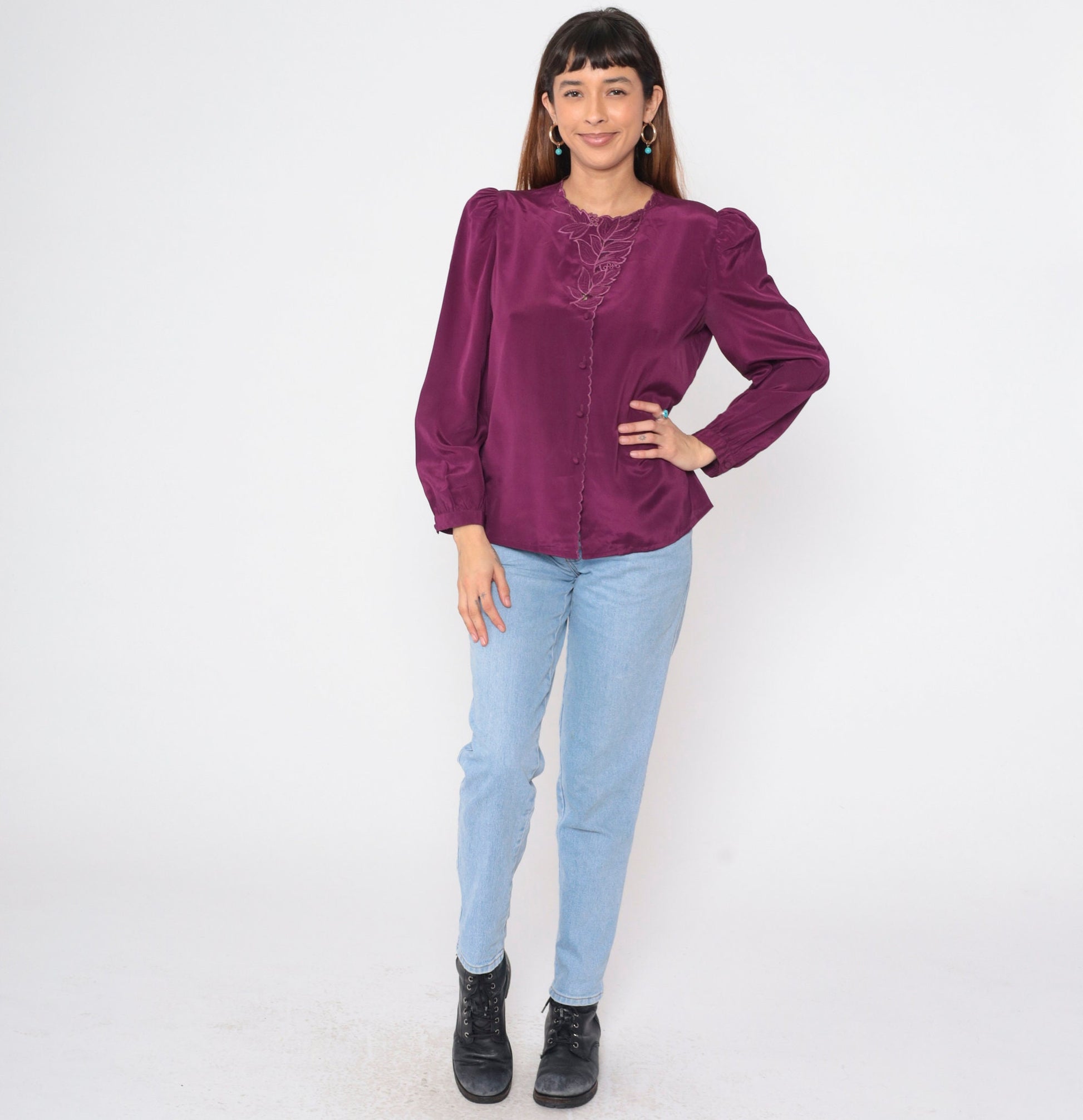 80s Purple Satin Blouse Puff Sleeve Embroidered Cutwork Button-Up Large