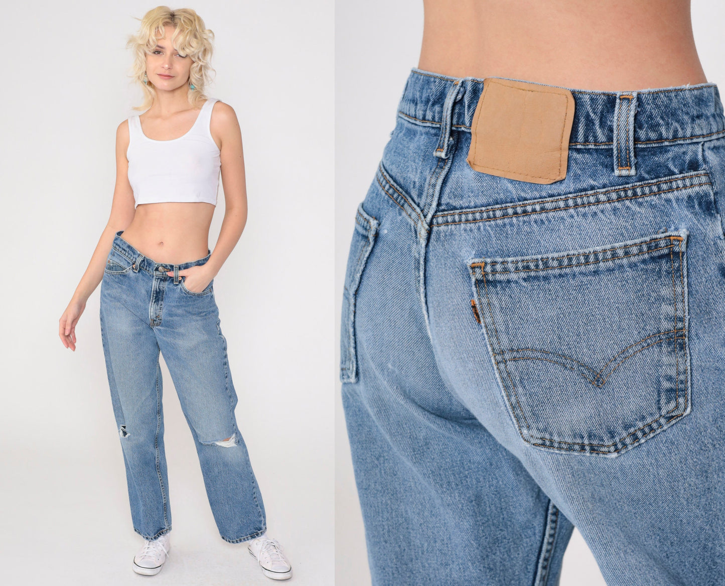 90s Levi's 555 Relaxed Straight Leg Jeans Distressed Blue Denim 31x30