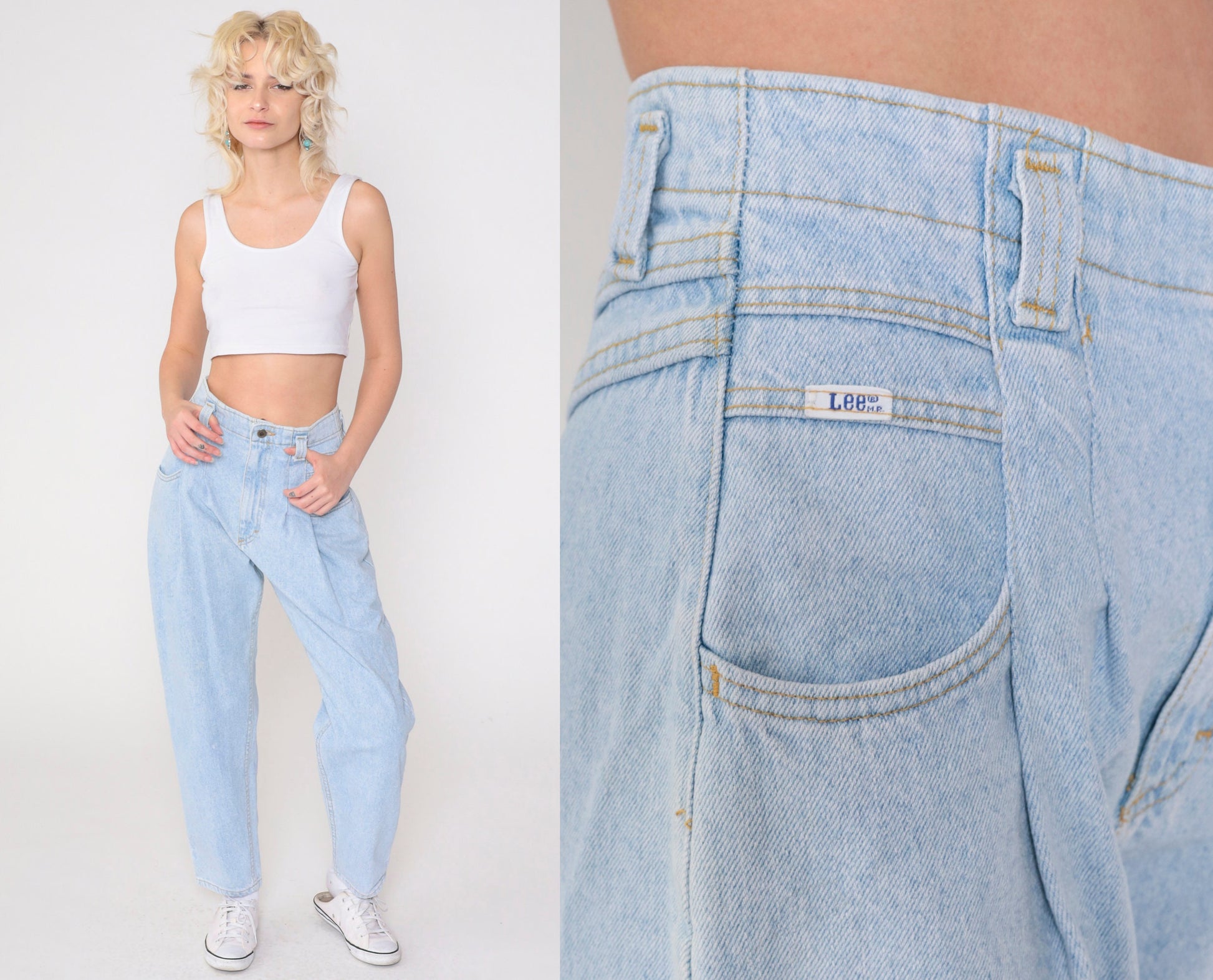 Lee Pleated High-Waist Jeans Light Wash Tapered Denim Small Petite