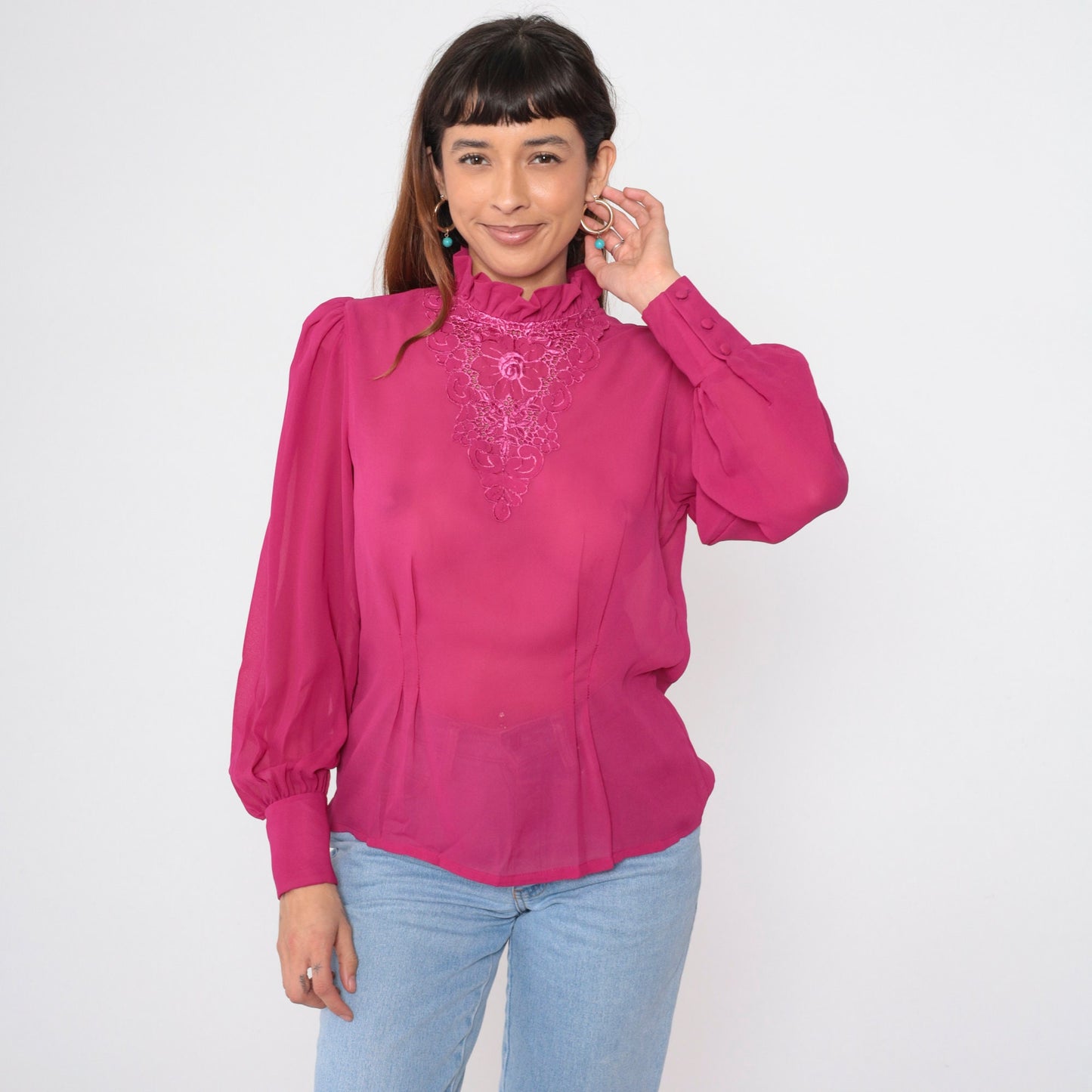 80s Fuchsia Embroidered Chiffon Blouse Puff Sleeve Floral Cutout Medium