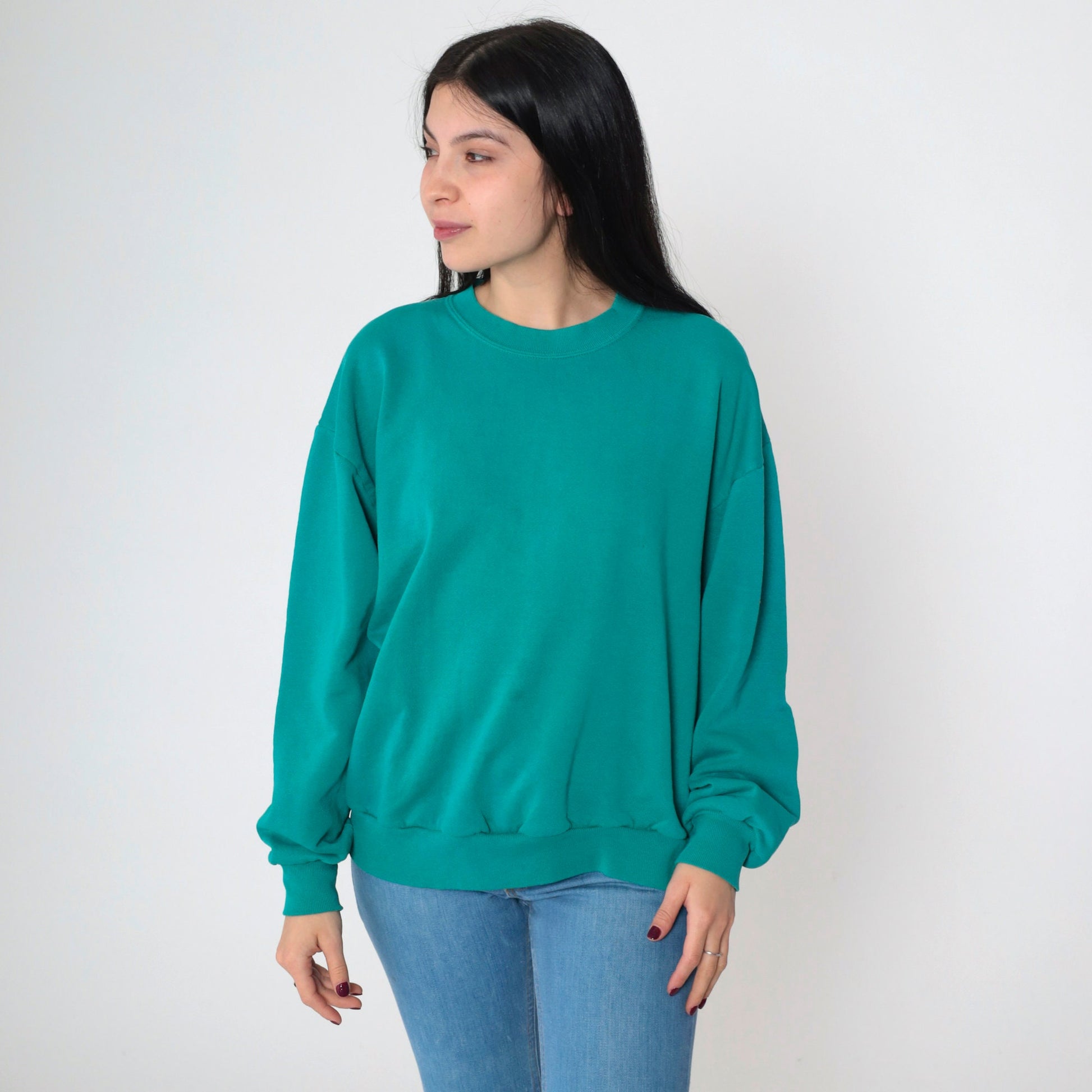 90s Teal Crewneck Sweatshirt Plain Long Sleeve Pullover Large
