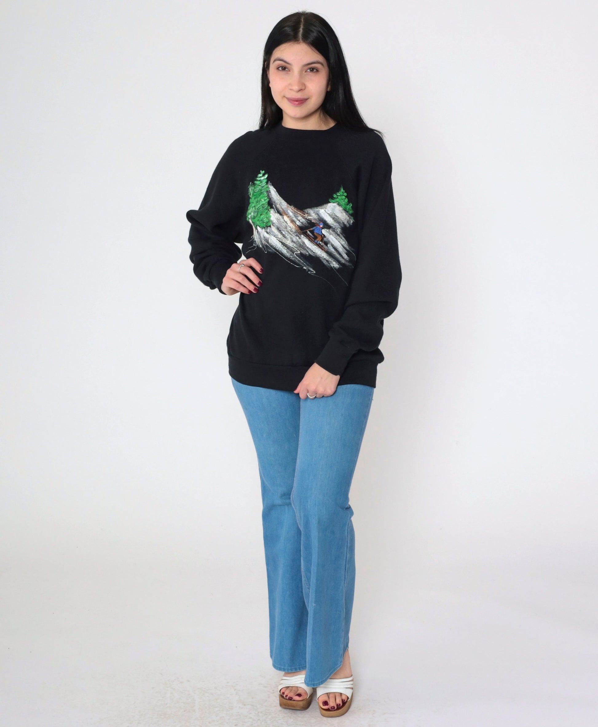 80s Tultex Hand Painted Ski Scene Sweatshirt Black Crewneck Raglan Medium