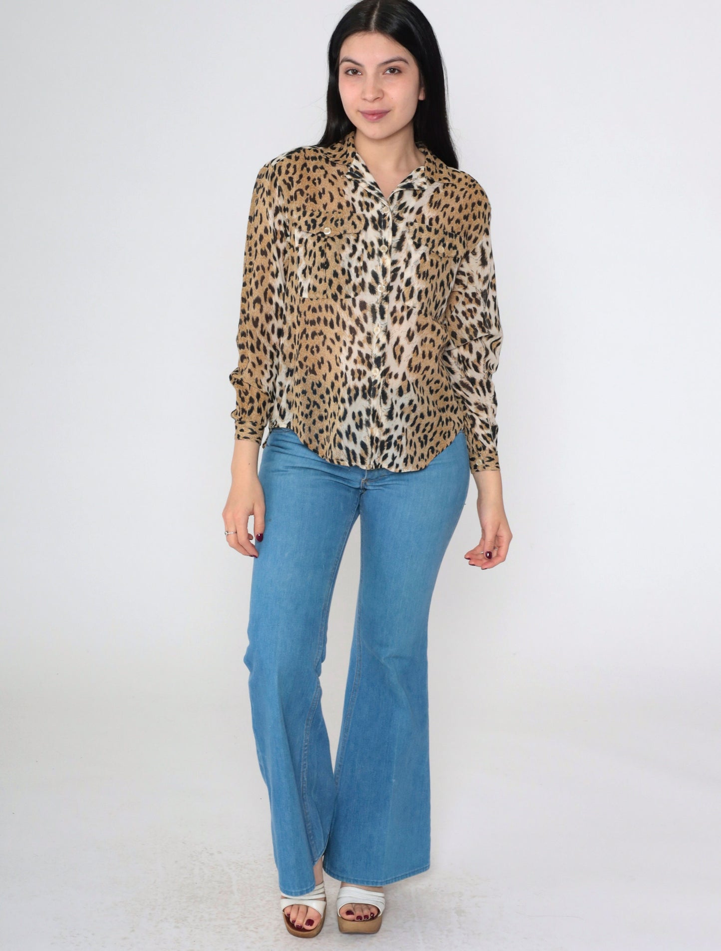 90s Leopard Print Button-Up Blouse Long Sleeve Semi-Sheer Small
