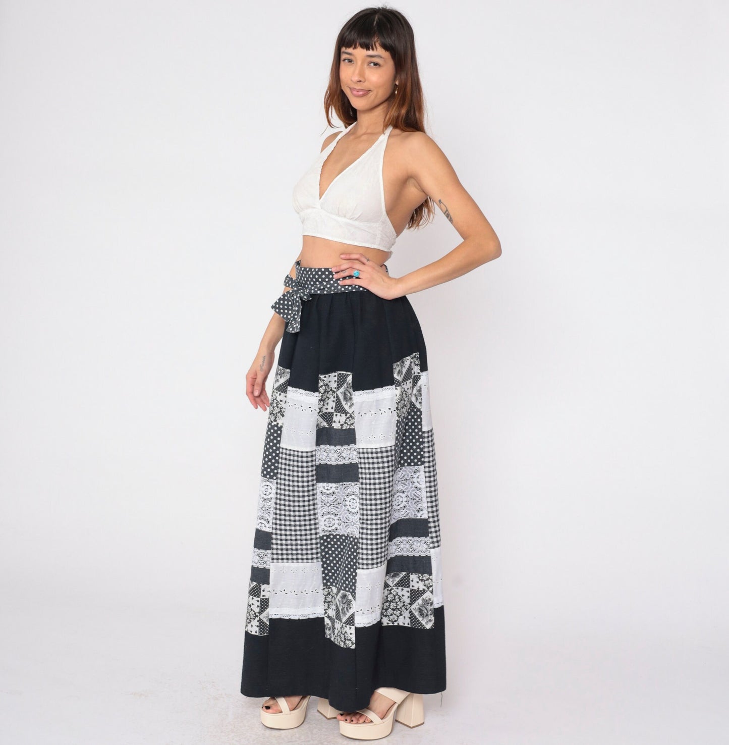 70s Patchwork Wrap Skirt Black White Maxi Eyelet Lace Gingham Polka Dot Medium Large