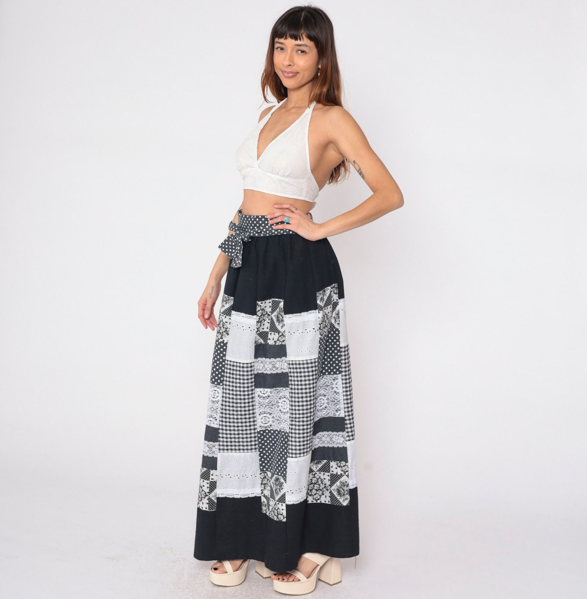 70s Patchwork Wrap Skirt Black White Maxi Eyelet Lace Gingham Polka Dot Medium Large