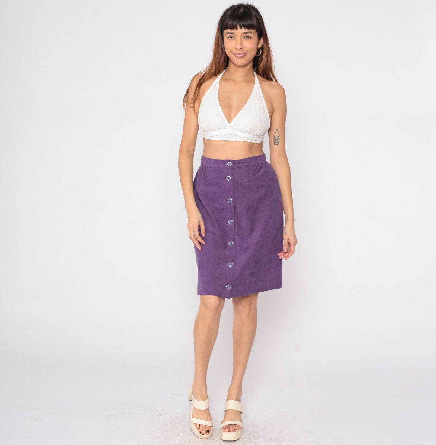 80s Purple Mini Skirt High Waisted Button Front Pencil Small S