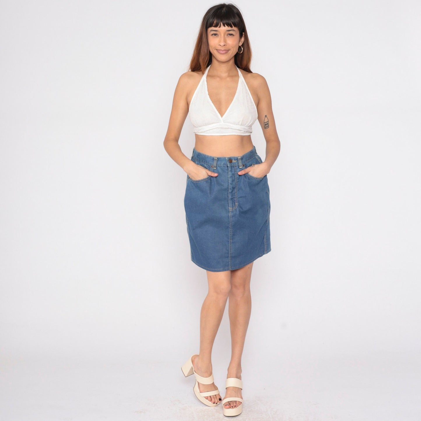 80s Blue Denim Mini Skirt High Waisted Pencil Cut Small S