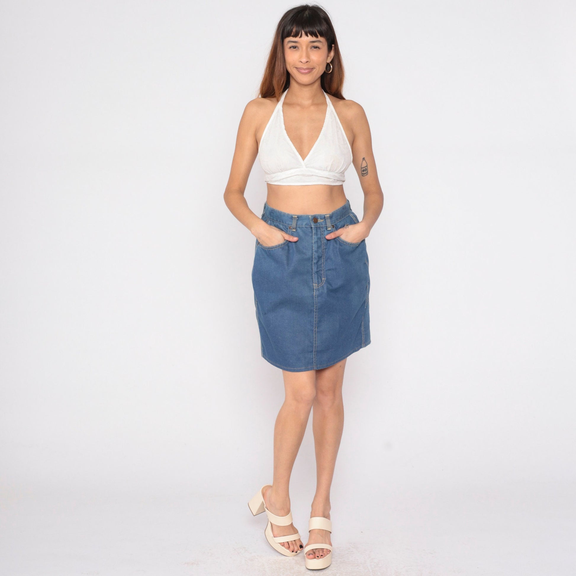 80s Blue Denim Mini Skirt High Waisted Pencil Cut Small S