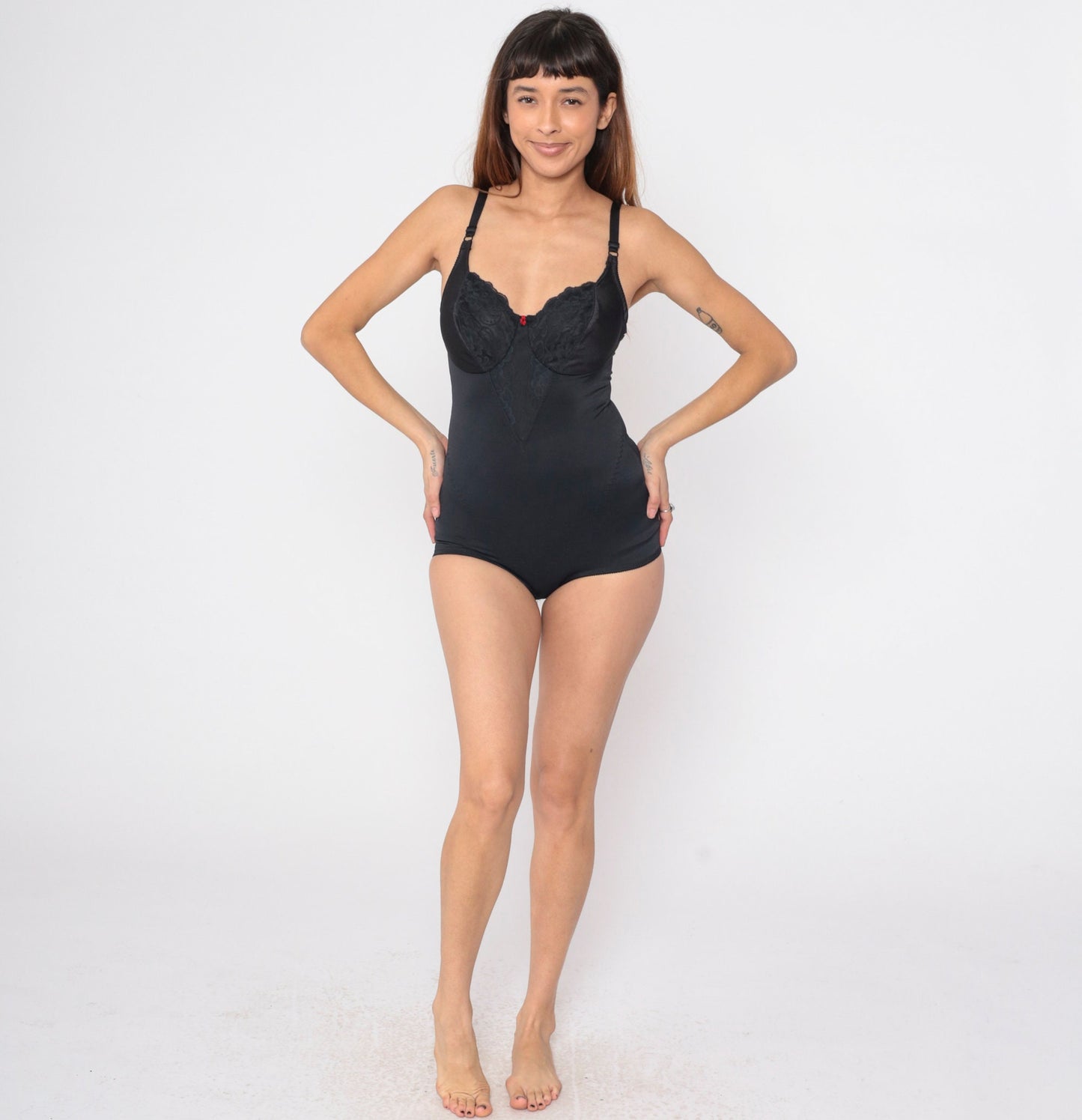 80s Black Lace Shapewear Bodysuit Girdle Underwire Spaghetti Strap 36B