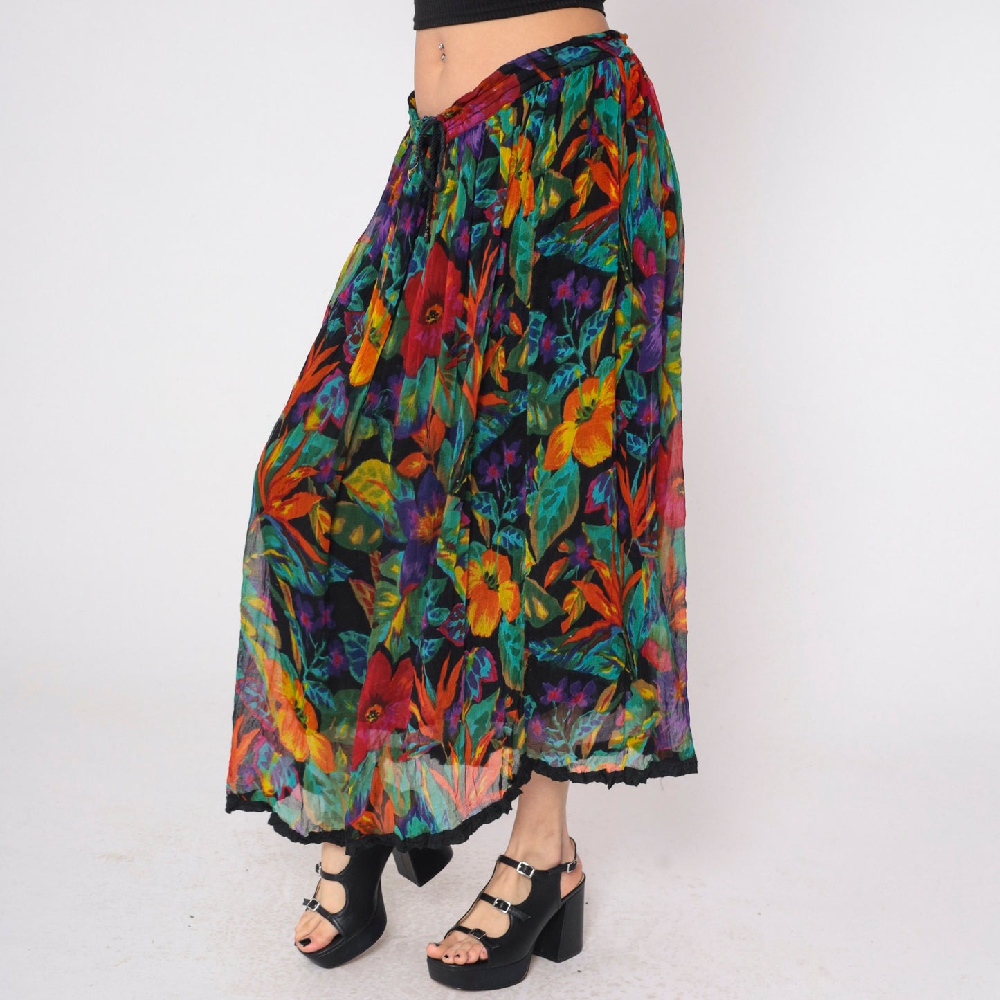 90s Tropical Floral Maxi Skirt Pleated Drawstring Waist Cotton Small Medium Large