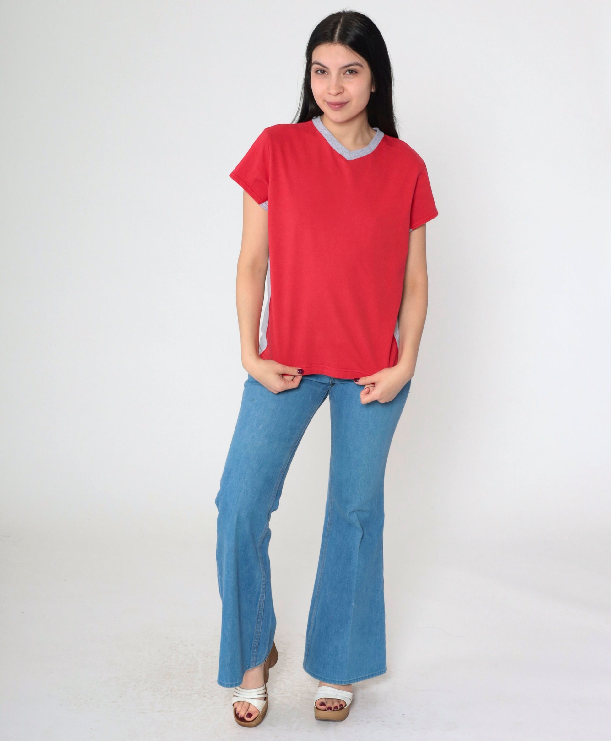 90s Bike Ringer T-Shirt Red Grey Striped V-Neck Cotton Tee Medium