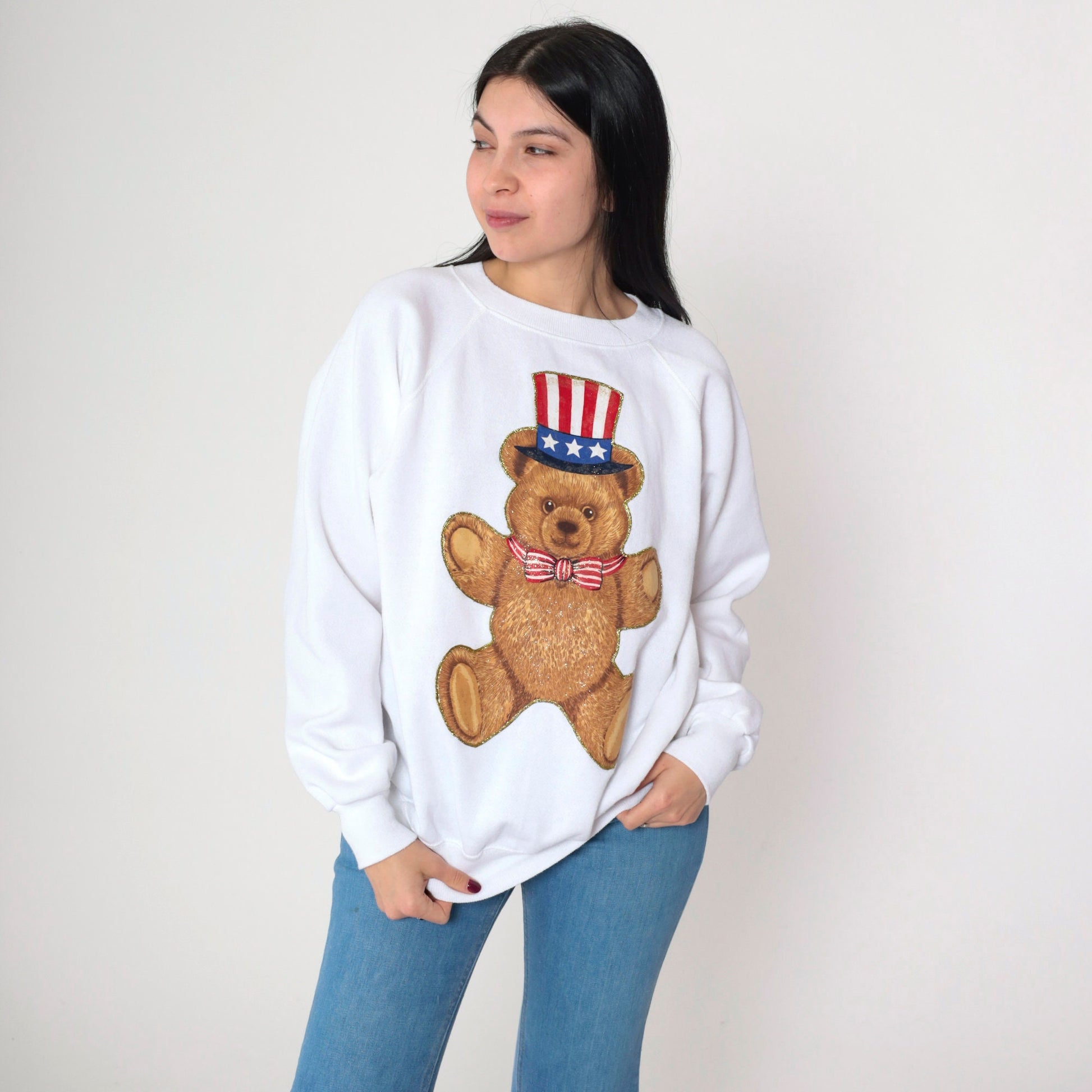 90s Uncle Sam Teddy Bear Glitter Sweatshirt White Graphic Crewneck Large L