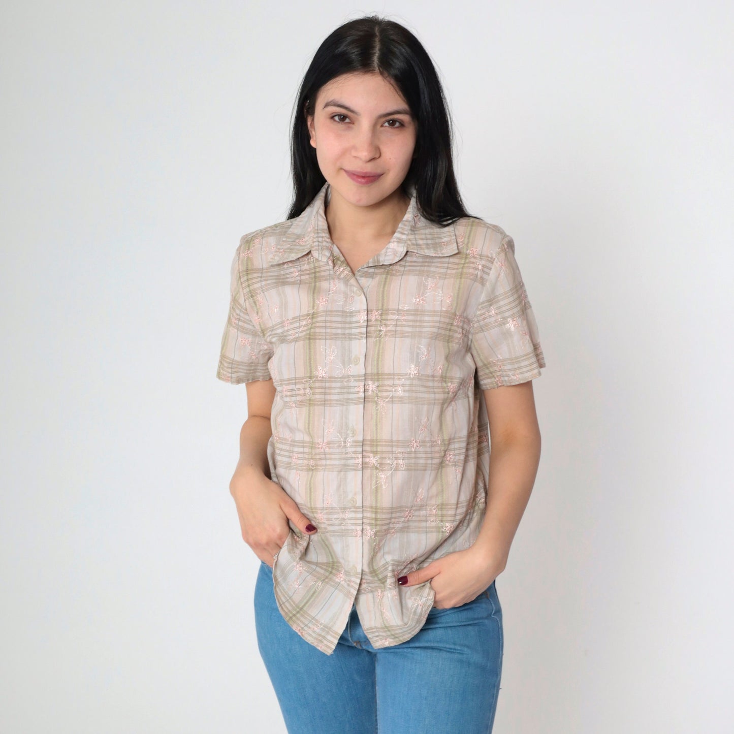 90s Plaid Floral Eyelet Button Up Blouse Short Sleeve Peach White Green Medium