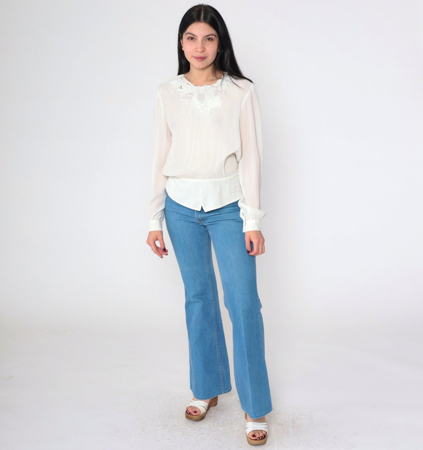 80s White Beaded Blouse Grape Leaf Sequin Puff Sleeve Button Back Medium