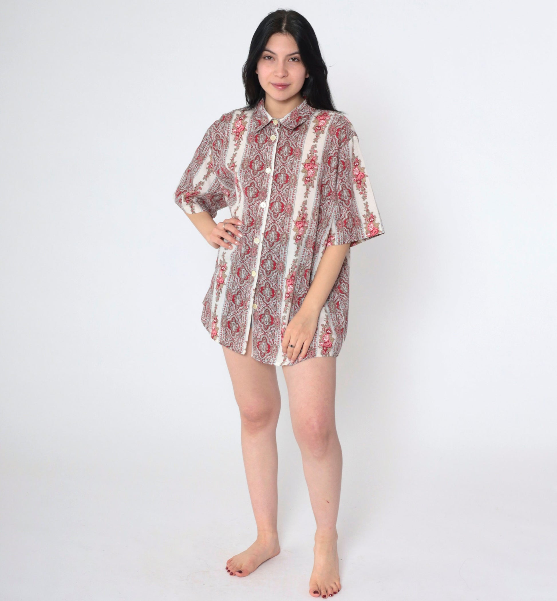 90s Paisley Floral Button-Up Blouse Off-White Short Sleeve Plus Size 1X