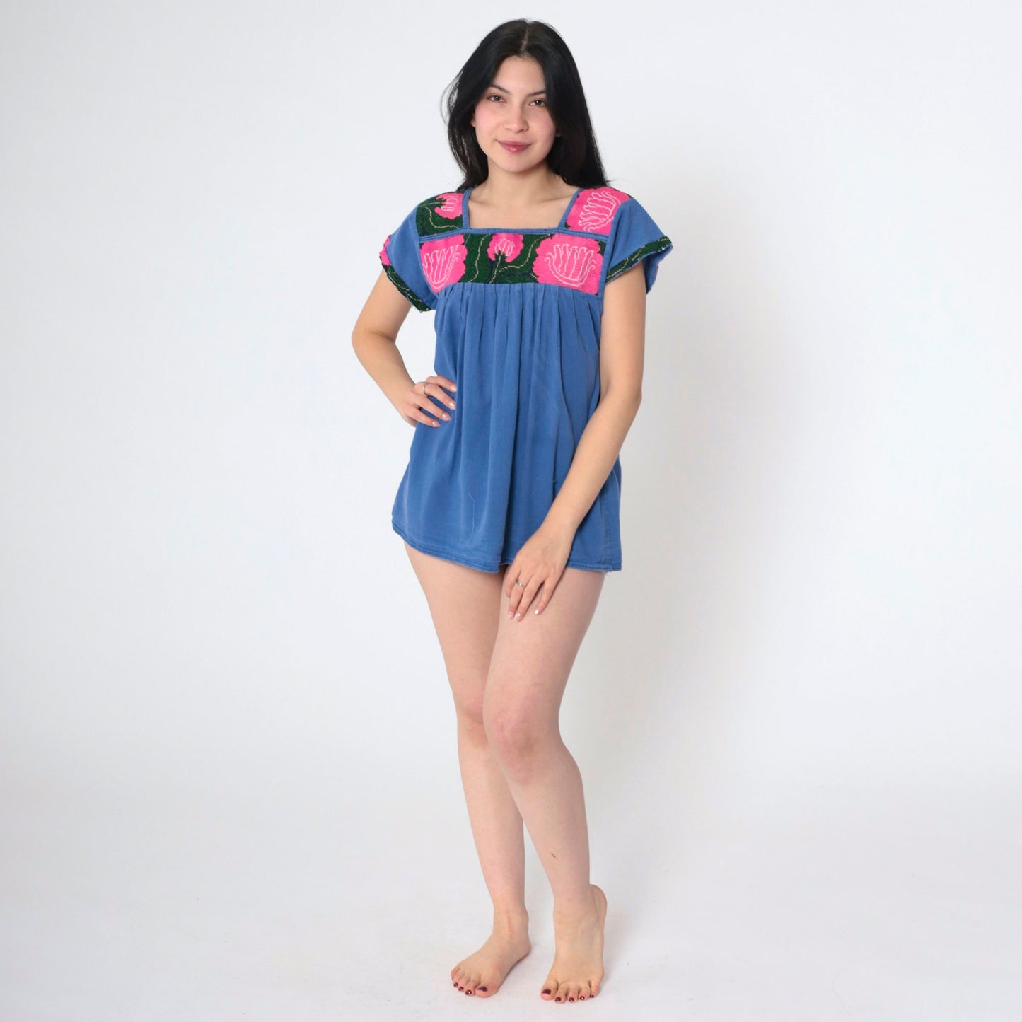 90s Mexican Embroidered Floral Blouse Blue Cap Sleeve Tunic Small