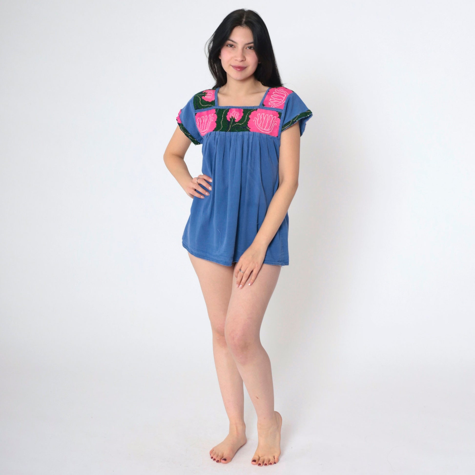 90s Mexican Embroidered Floral Blouse Blue Cap Sleeve Tunic Small