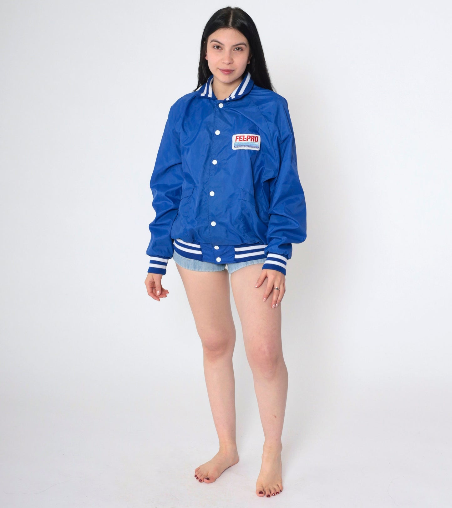 90s Fel-Pro Performance Gaskets Racing Bomber Jacket Blue Nylon Large