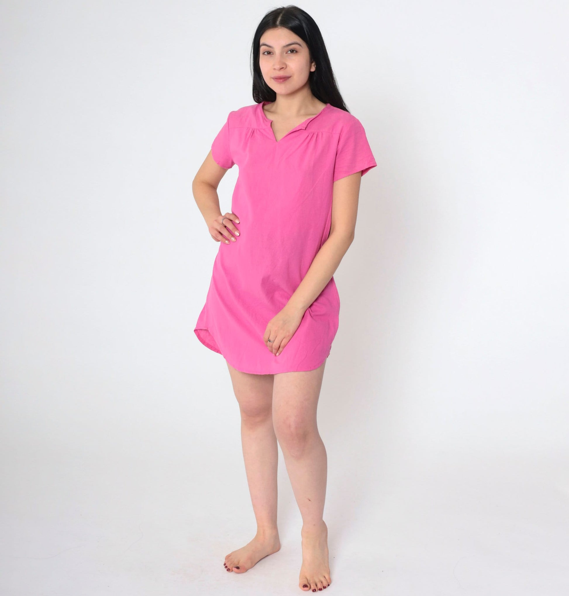 90s Pink T-Shirt Dress Micro Mini Slit Neckline Short Sleeve Small S