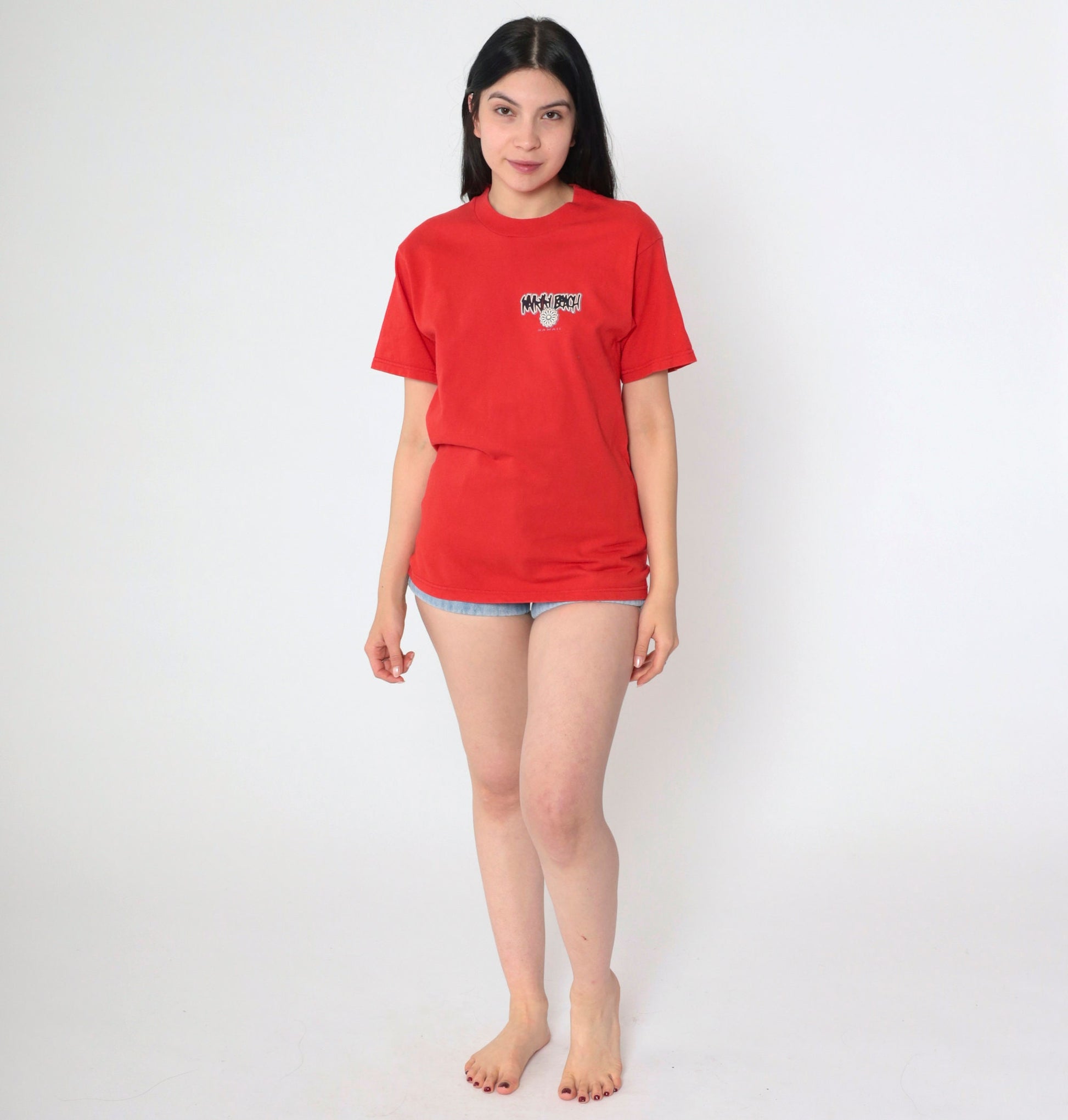 00s Waikiki Beach Hawaii Graphic T-Shirt Red Cotton Tee Small S