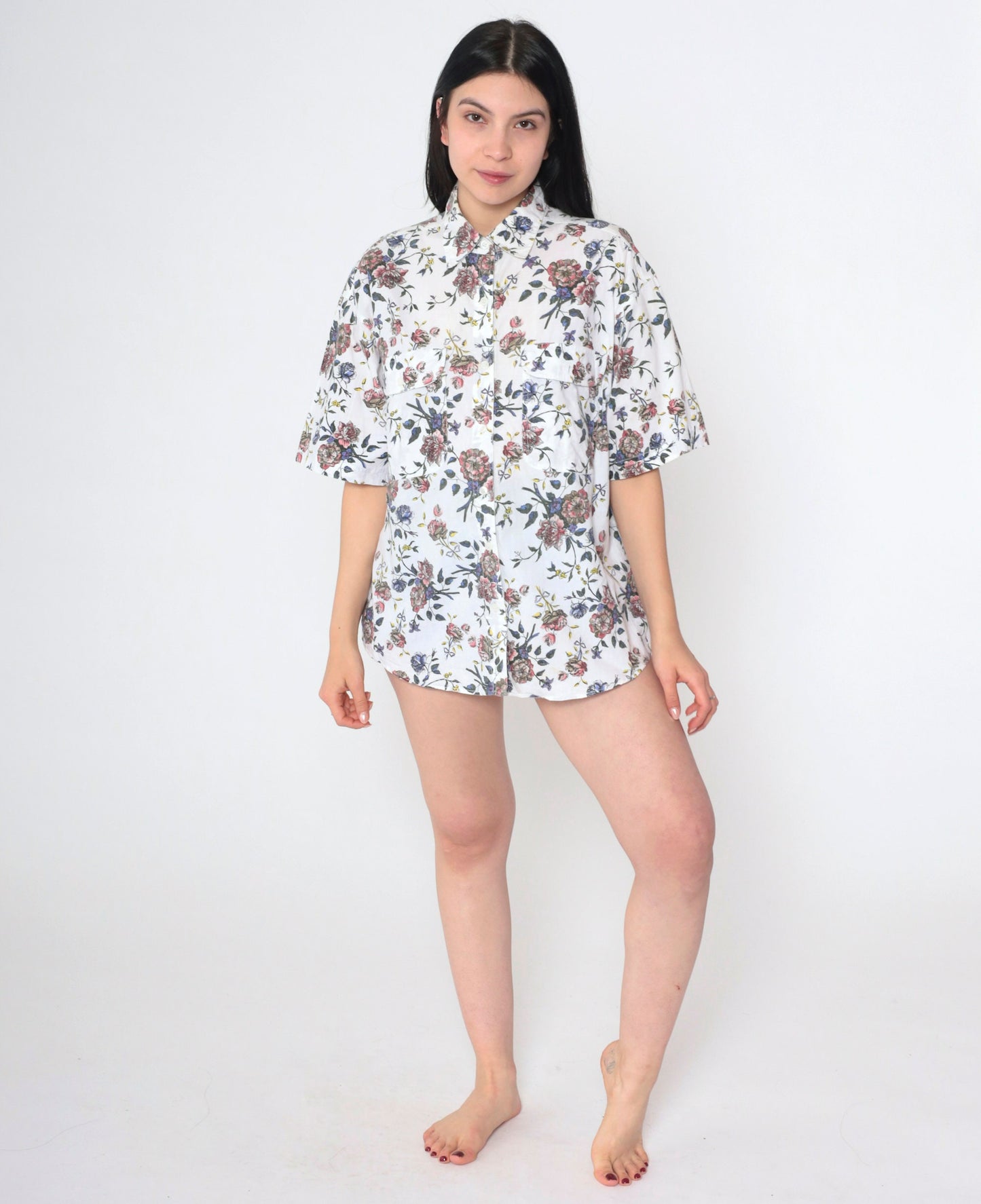 90s Bill Blass Floral Button-Up Blouse Cotton Short Sleeve White Pink Purple Medium