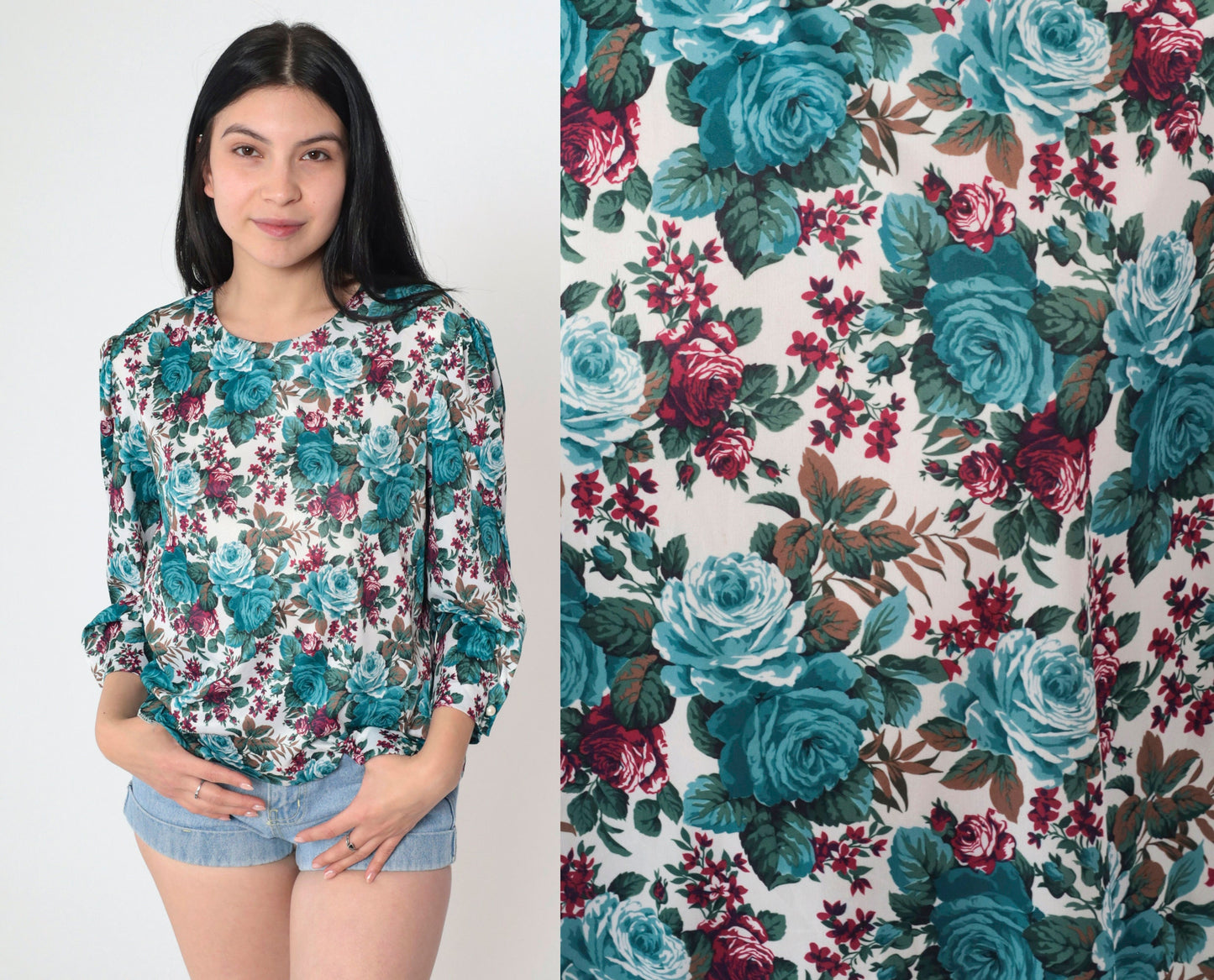 80s Whirlaway Frocks Floral Blouse Puff Sleeve Rose Print Turquoise Medium