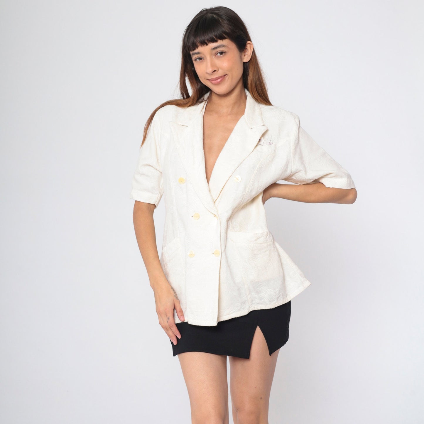 90s Cream Floral Embossed Double Breasted Button Up Blouse Short Sleeve Large