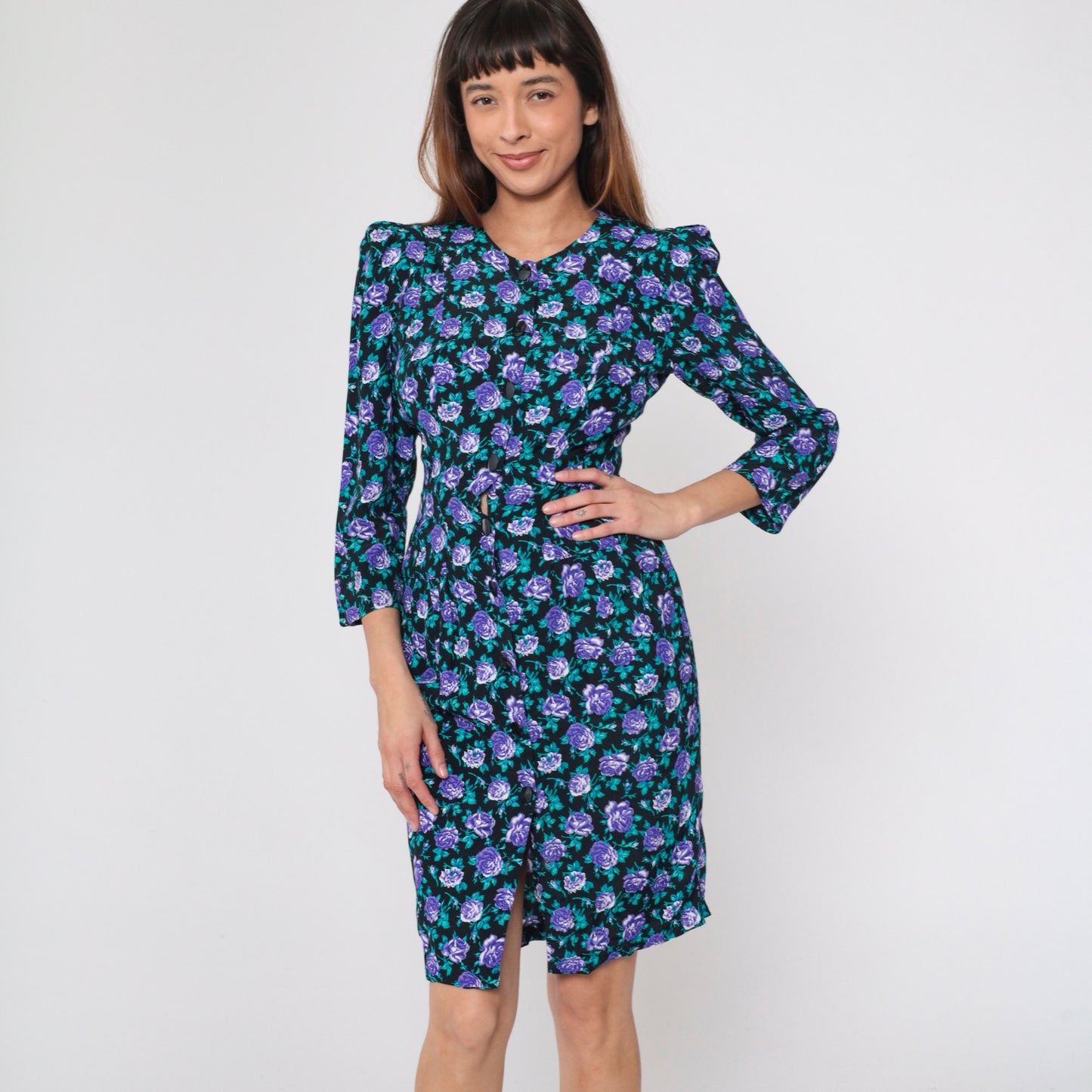 90s All That Jazz Black Floral Mini Dress Puff Sleeve Button-Up Small S