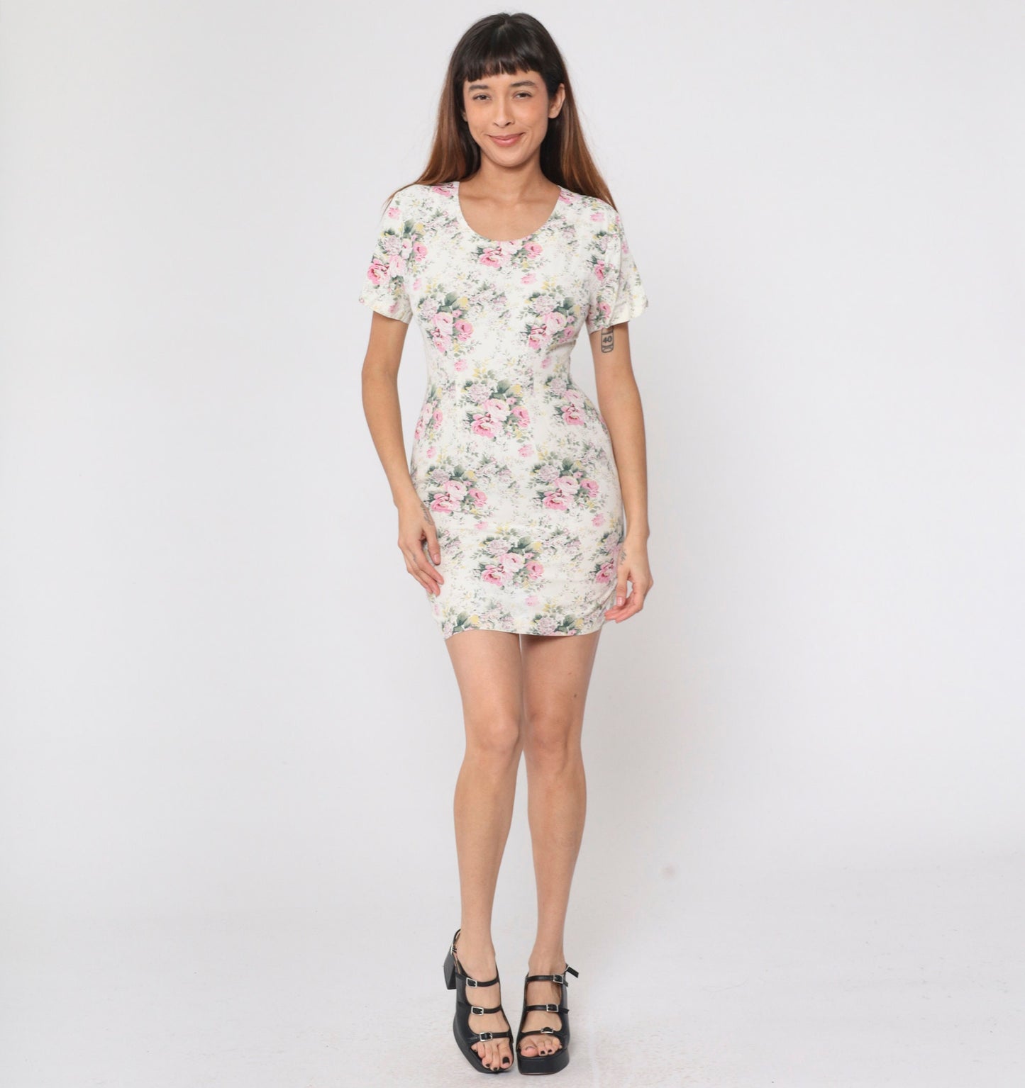 90s Cream Floral Mini Dress Rose Print Short Sleeve Pencil Extra Small XS