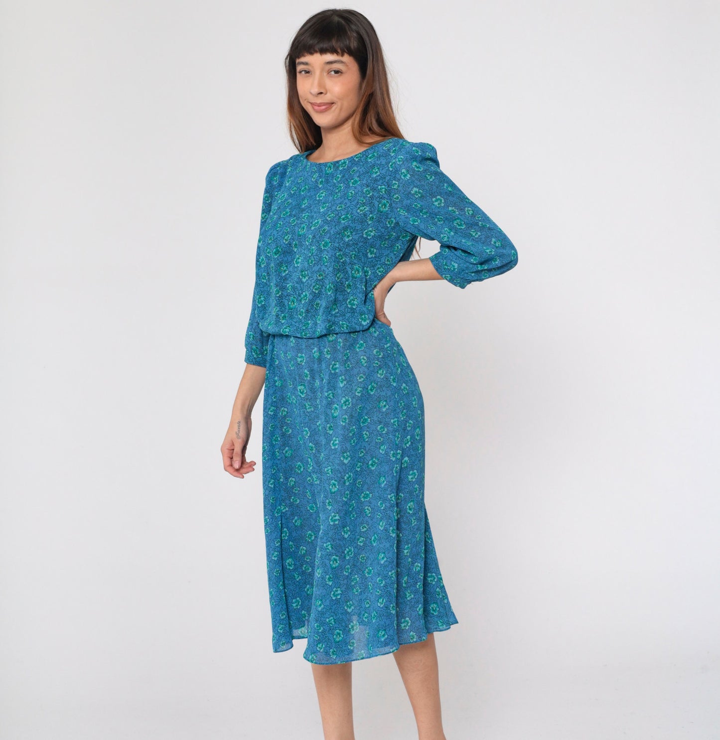 90s Blue Floral Midi Dress Puff Sleeve High Waist Blouson Medium M