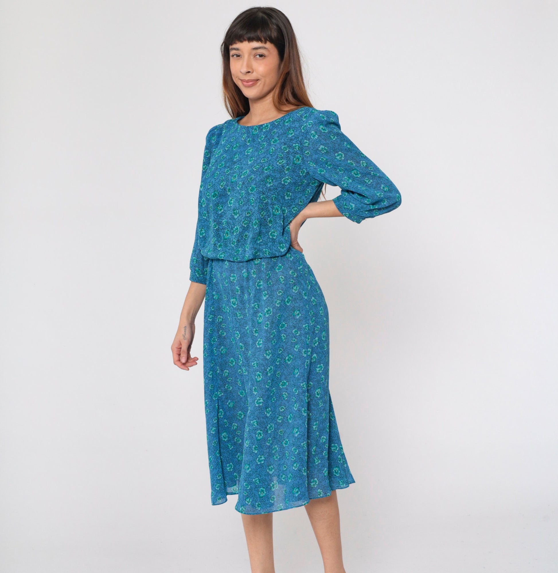 90s Blue Floral Midi Dress Puff Sleeve High Waist Blouson Medium M