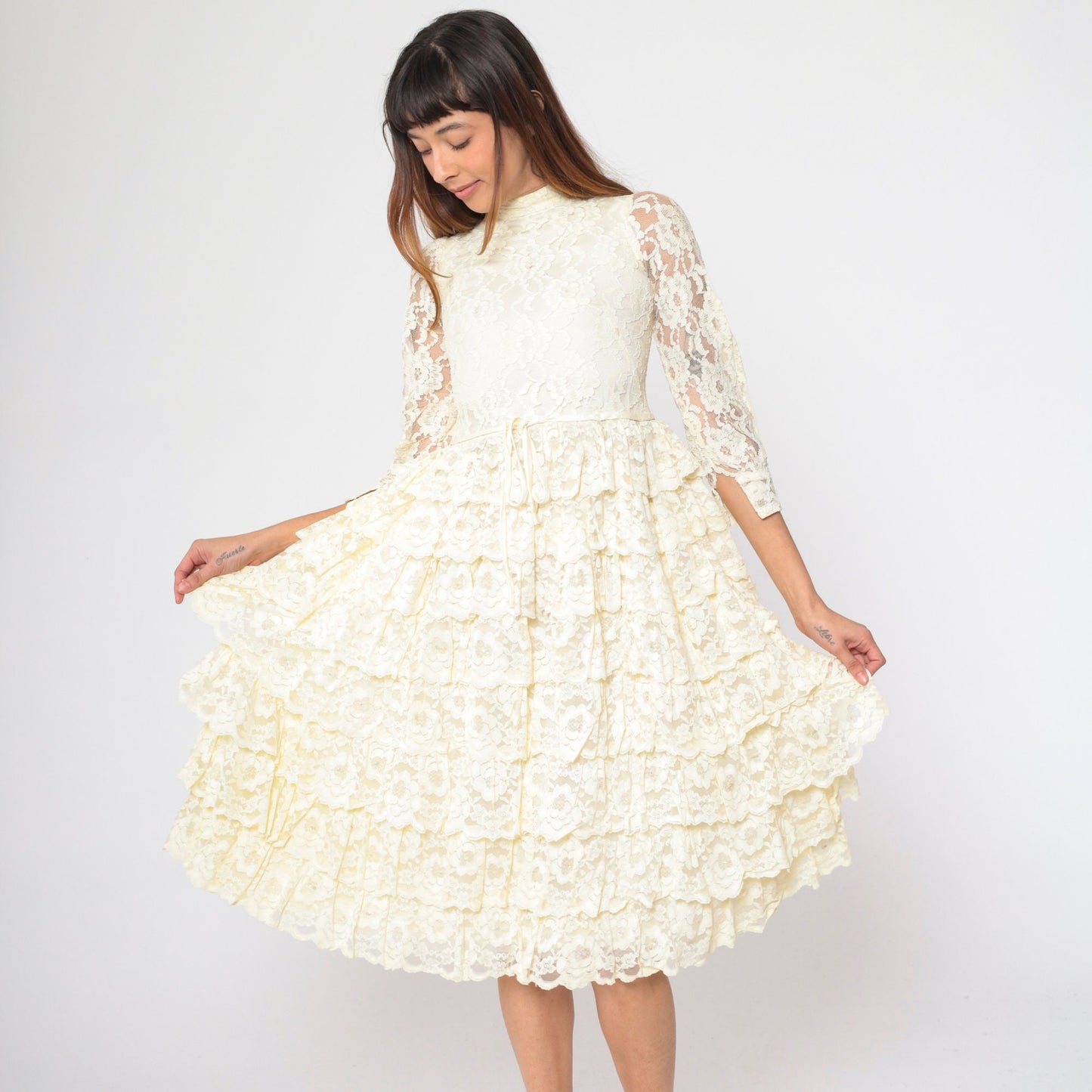 1960s Cream Floral Lace Midi Dress Puff Sleeve High Waist Tiered Ruffle XXS