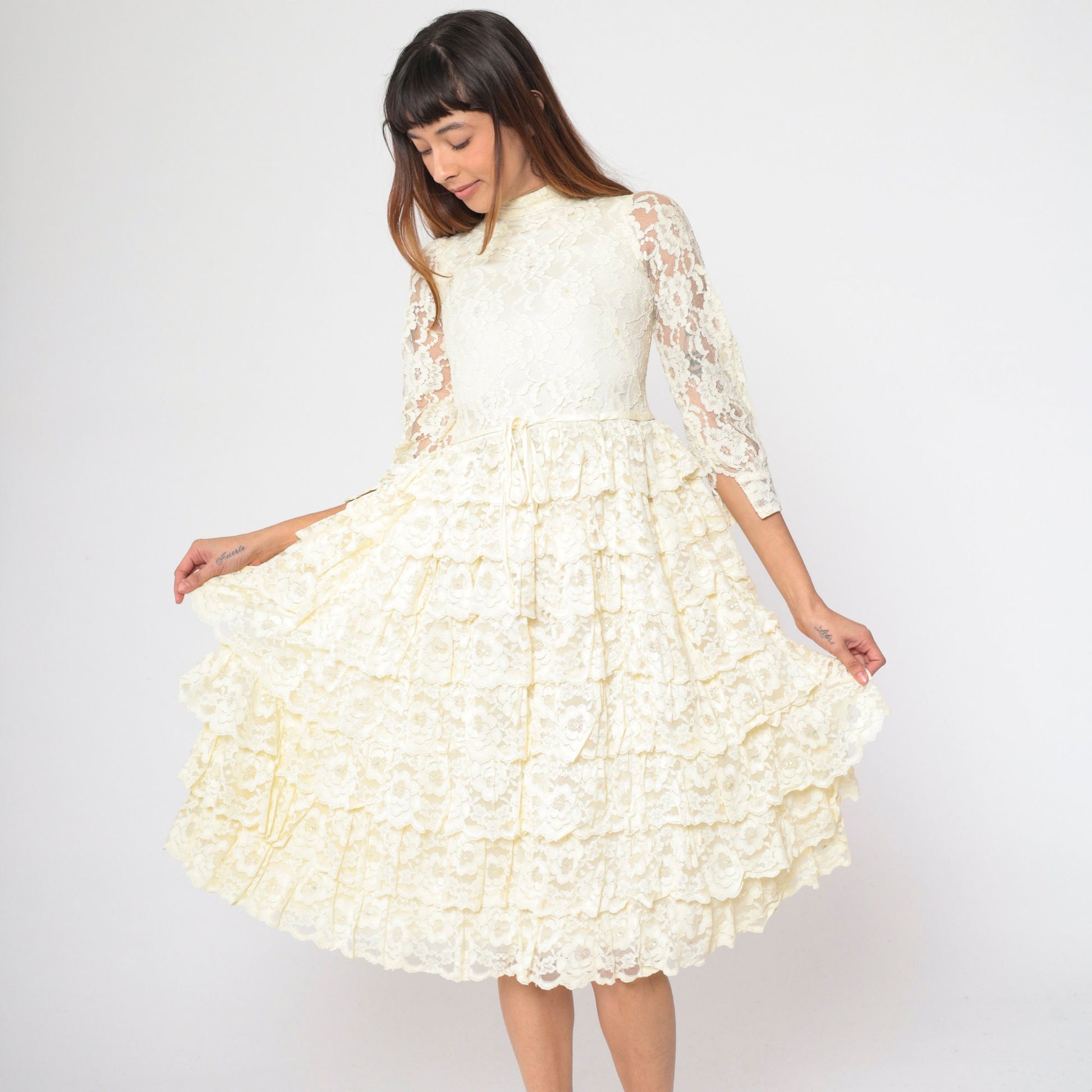 1960s Cream Floral Lace Midi Dress Puff Sleeve High Waist Tiered Ruffle XXS
