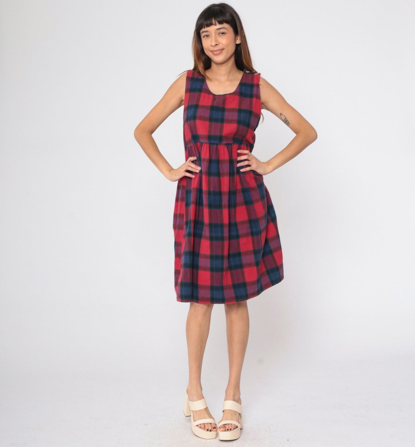 90s Plaid Midi Jumper Dress Button Straps Empire Waist Red Blue Checkered Small