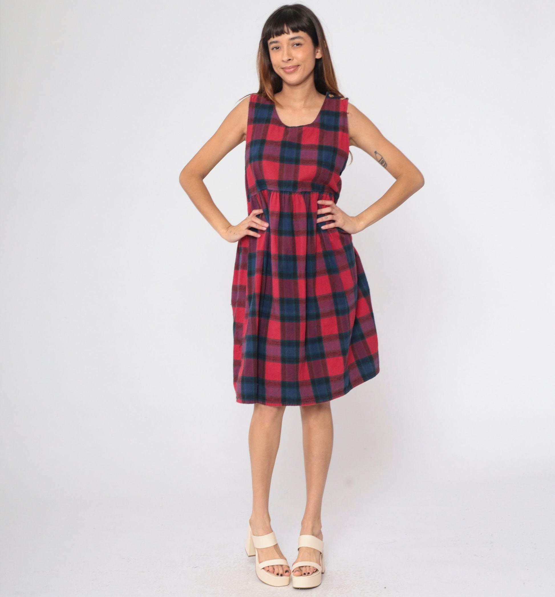 90s Plaid Midi Jumper Dress Button Straps Empire Waist Red Blue Checkered Small