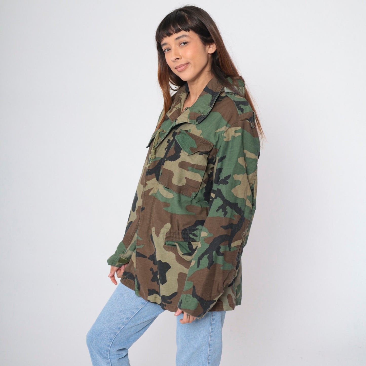 90s Military Camouflage Hooded Jacket Green Cargo Zip Snap Small