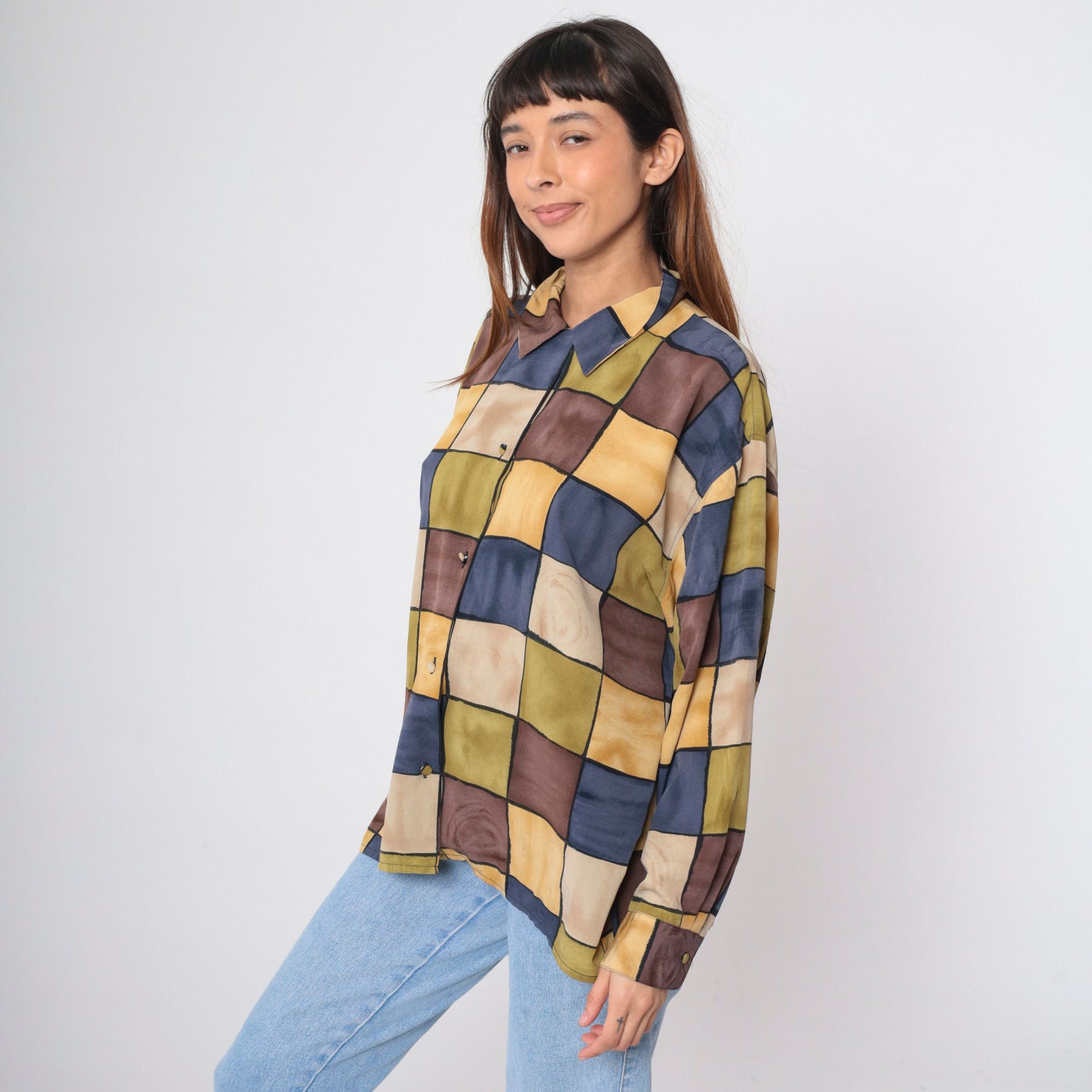 90s Checkerboard Button-Up Blouse Multicolor Long Sleeve Collared Shirt Extra Large XXL
