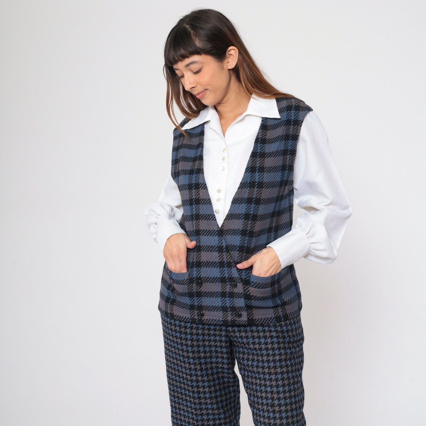 80s Bill Blass Plaid Wool Vest Double Breasted Blue Grey Small