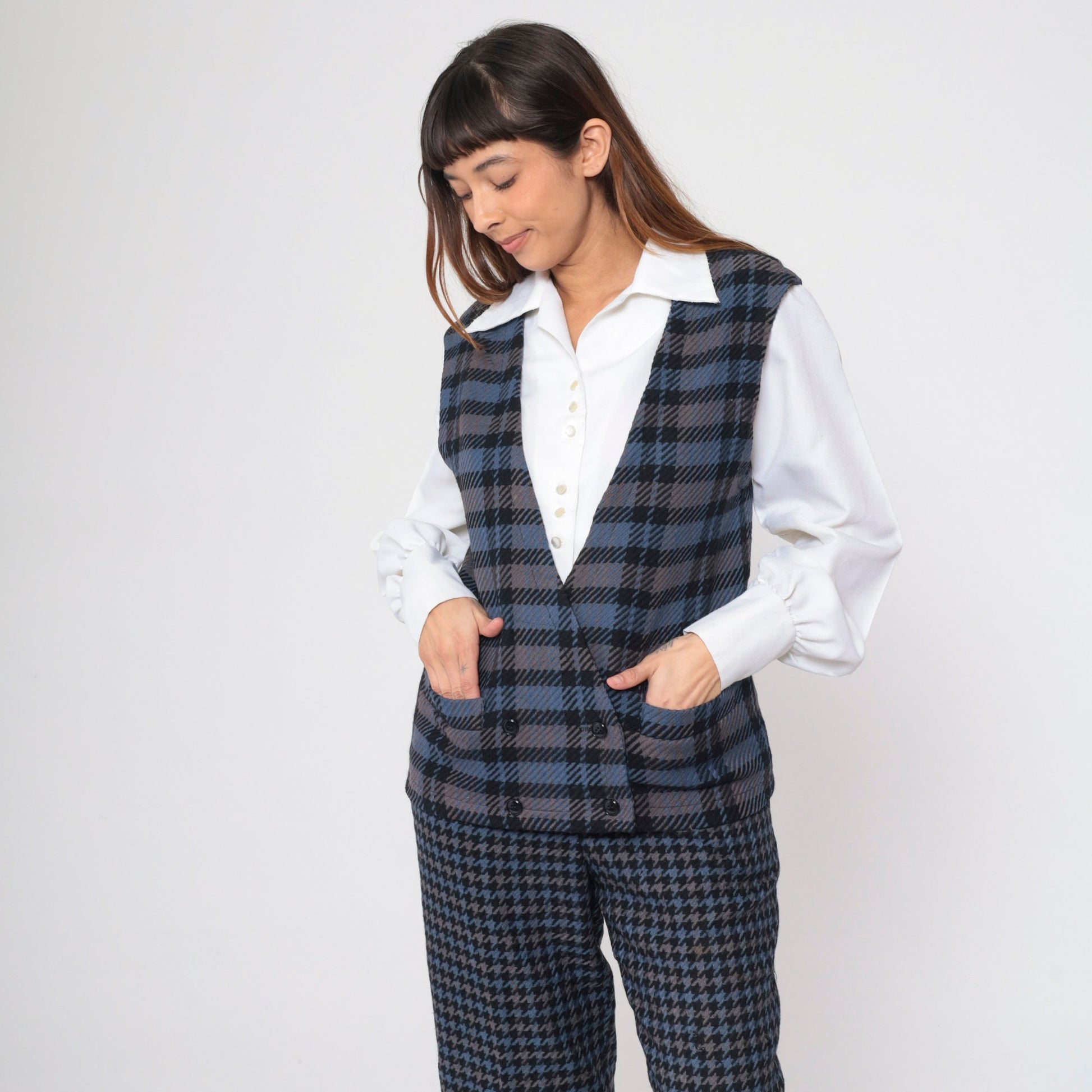 80s Bill Blass Plaid Wool Vest Double Breasted Blue Grey Small