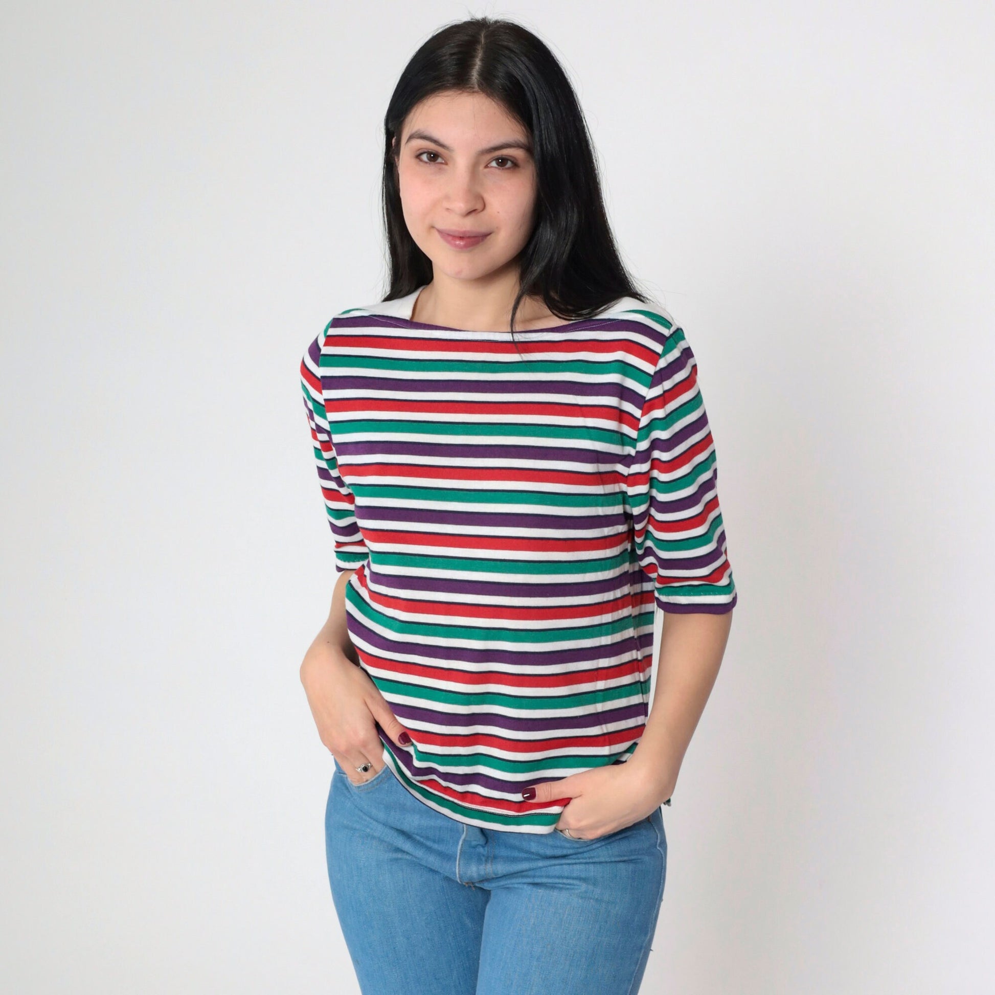 90s Multistripe Boatneck T-Shirt Short Sleeve Red Green Purple Small