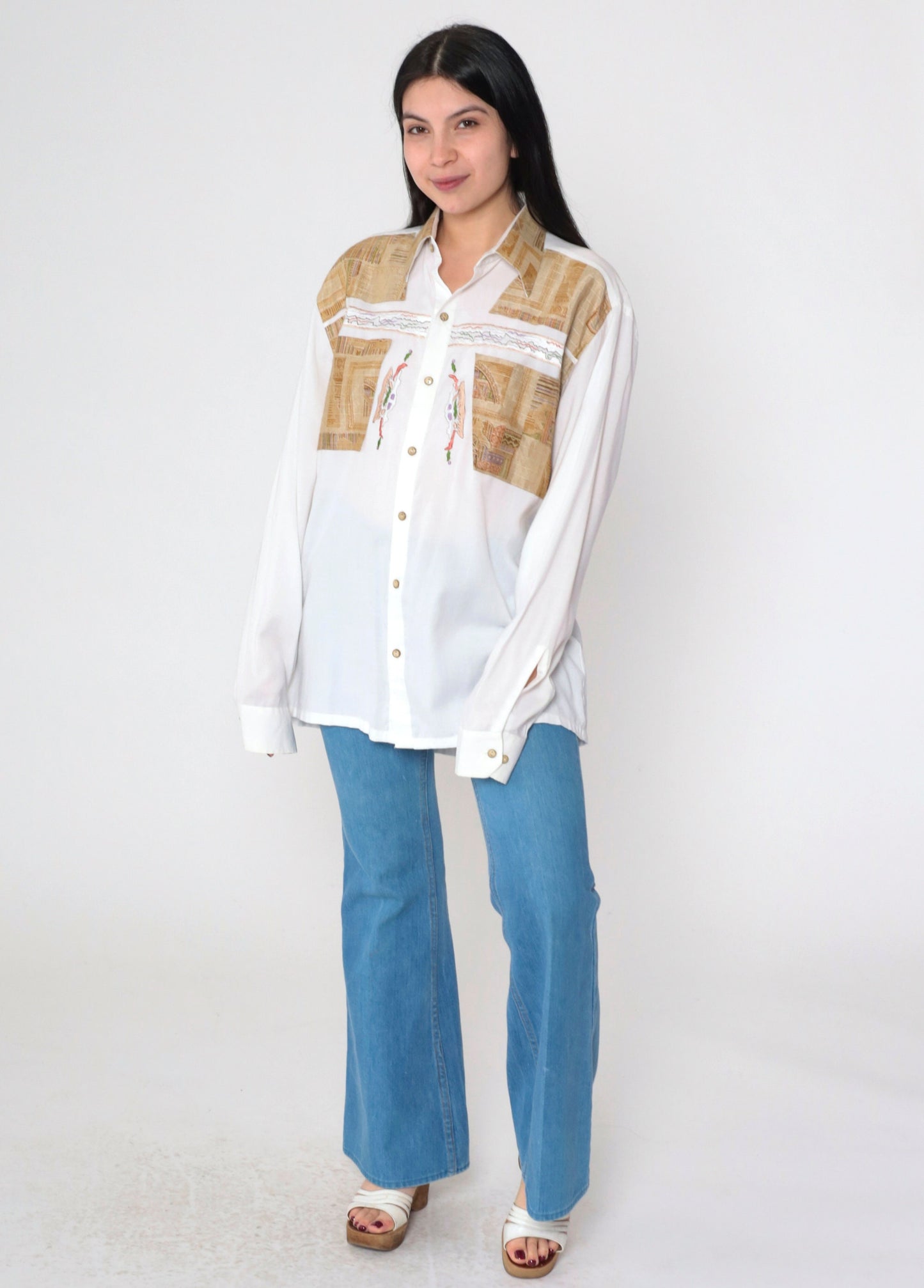 90s White Embroidered Button-Up Shirt Geometric Yoke Long Sleeve Large L