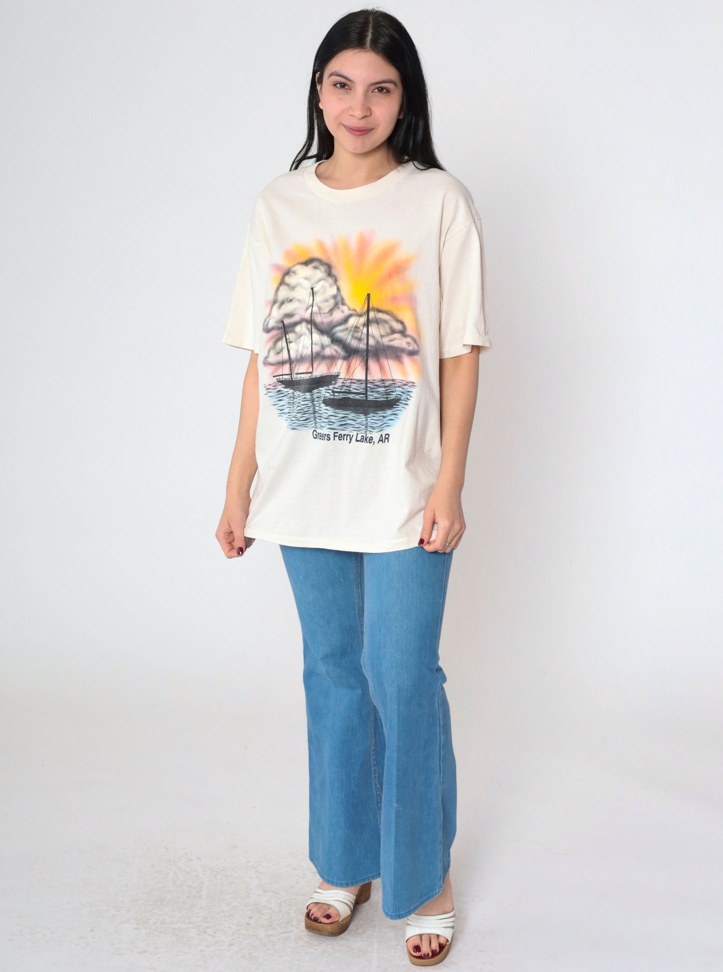 90s Greers Ferry Lake Arkansas Sailboat Graphic T-Shirt Pale Yellow Single Stitch Medium