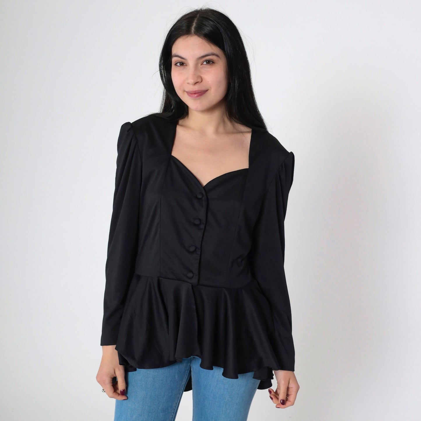 80s Black Lace Blouse Puff Sleeve Peplum High Low Sweetheart Neckline Medium